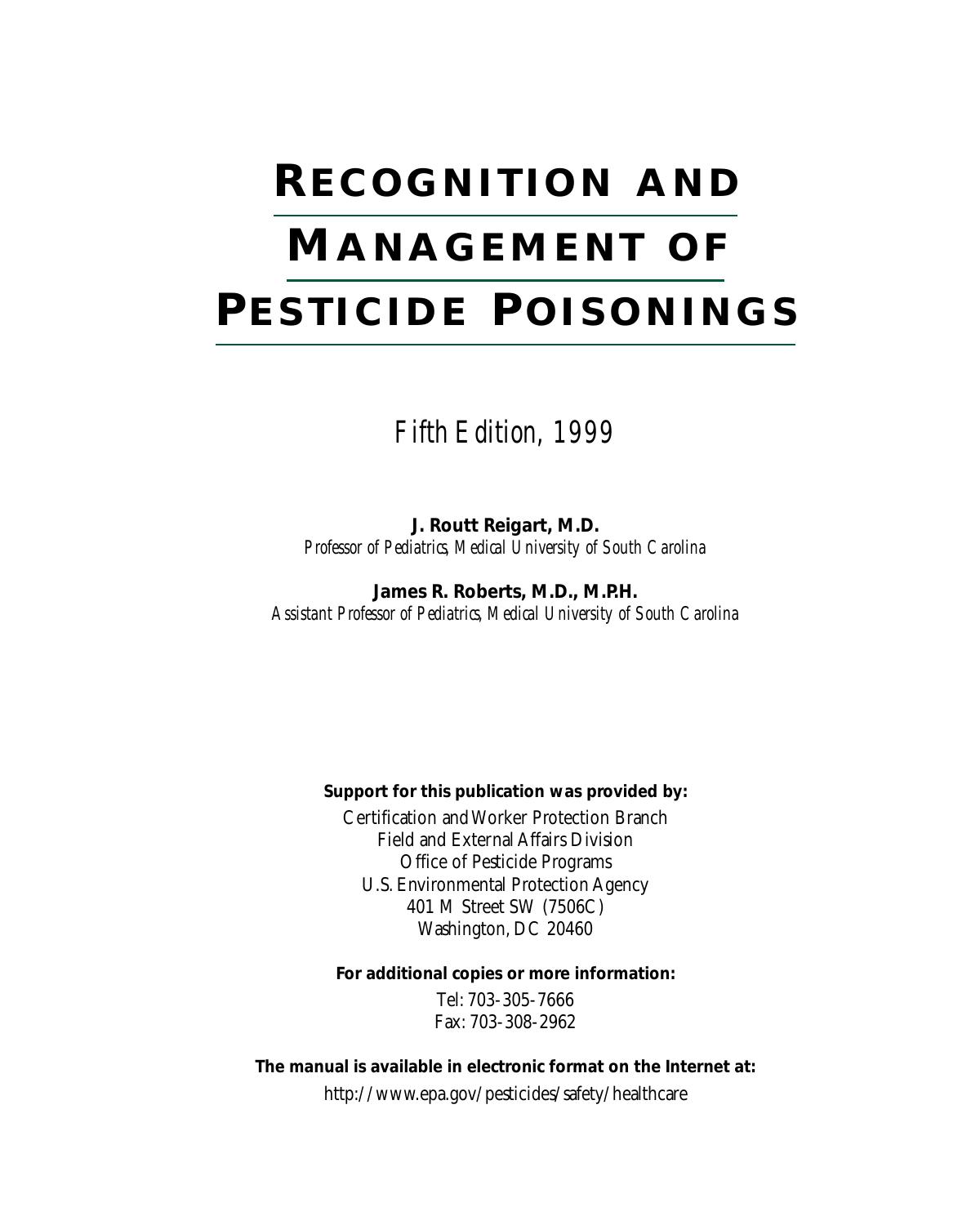 Recognition and management of pesticide poisonings by John Routt Reigart