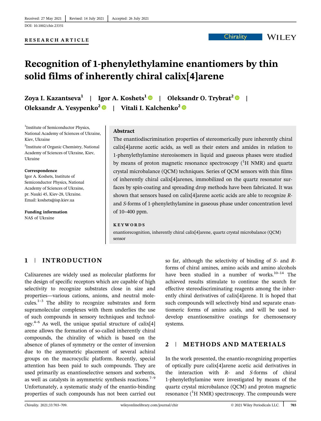 Recognition of 1âphenylethylamine enantiomers by thin solid films of inherently chiral calix[4]arene by unknow