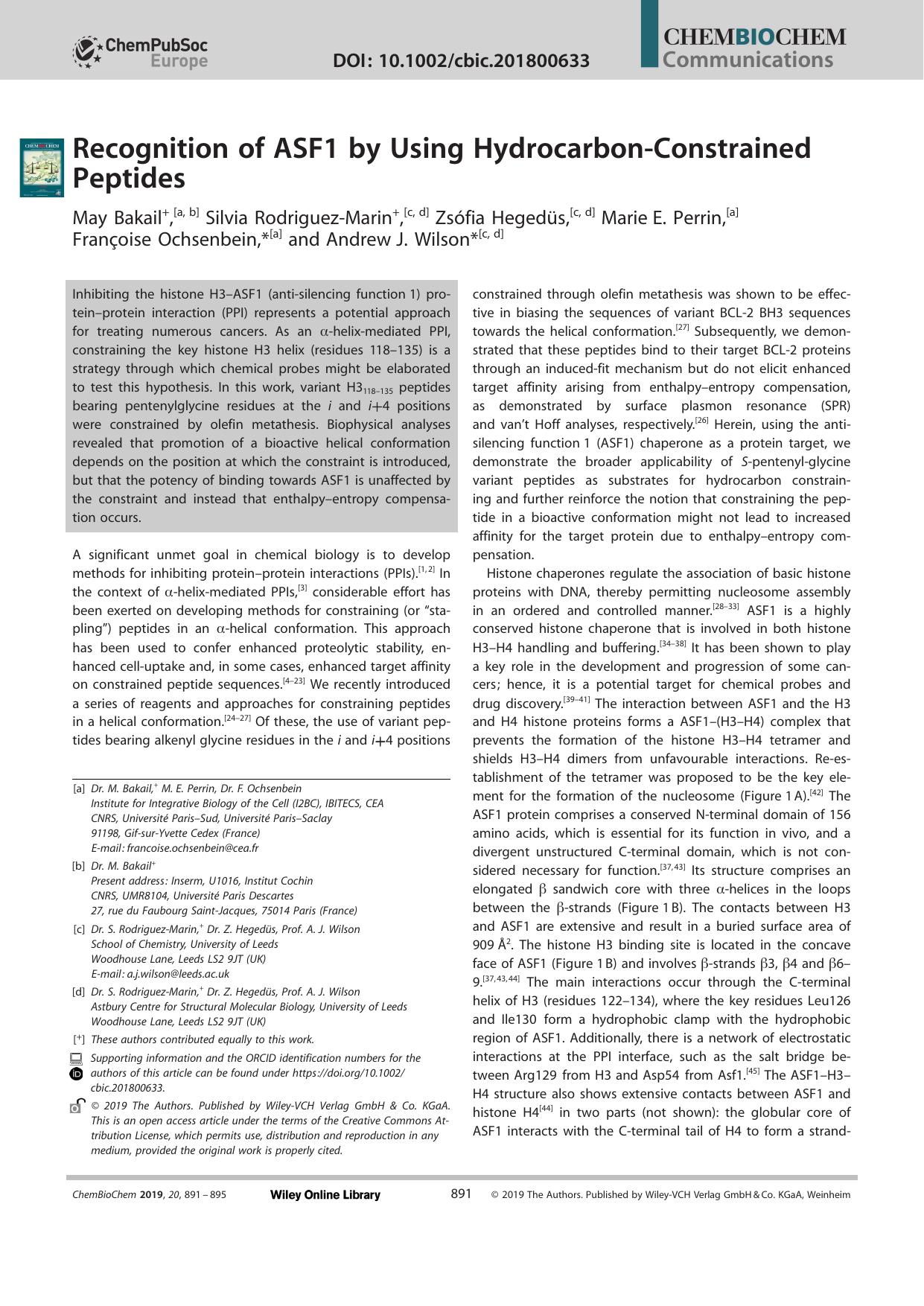 Recognition of ASF1 by Using HydrocarbonâConstrained Peptides by Unknown