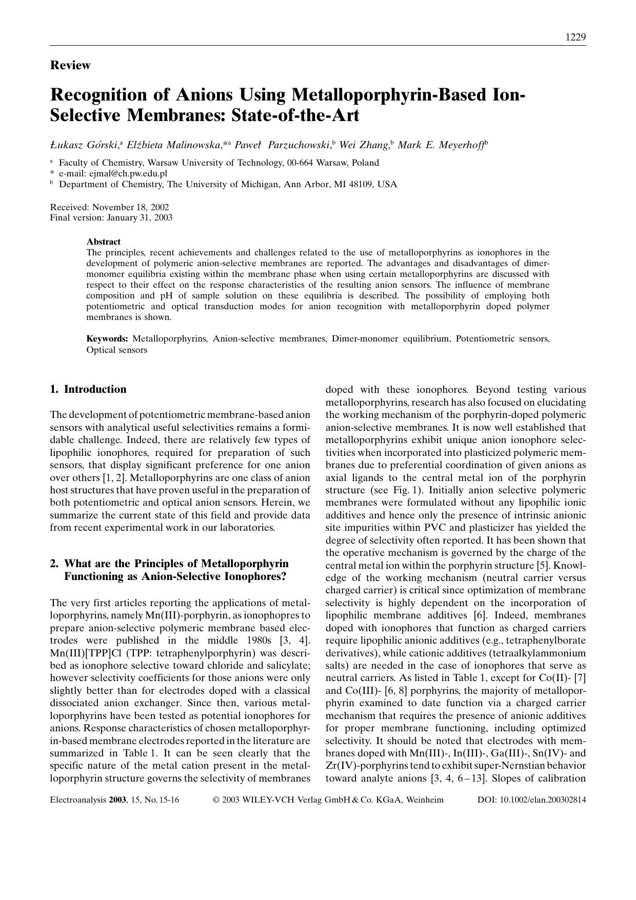 Recognition of Anions Using Metalloporphyrin-Based Ion-Selective Membranes: State-of-the-Art by Unknown