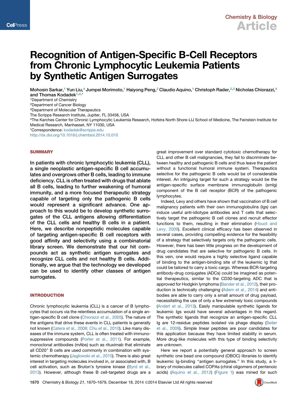 Recognition of Antigen-Specific B-Cell Receptors from Chronic Lymphocytic Leukemia Patients by Synthetic Antigen Surrogates by unknow
