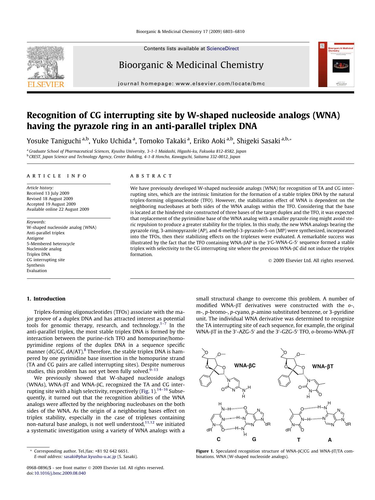 Recognition of CG interrupting site by W-shaped nucleoside analogs (WNA) having the pyrazole ring in an anti-parallel triplex DNA by Yosuke Taniguchi; Yuko Uchida; Tomoko Takaki; Eriko Aoki; Shigeki Sasaki