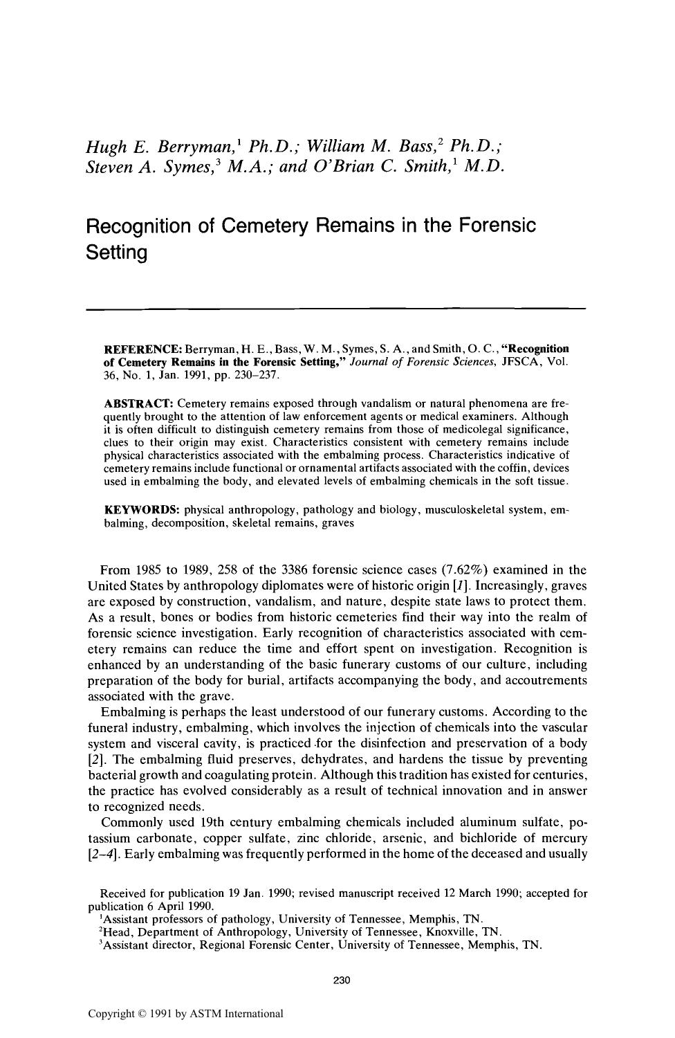 Recognition of Cemetery Remains in the Forensic Setting by Berryman HE Bass WM Symes SA Smith OC