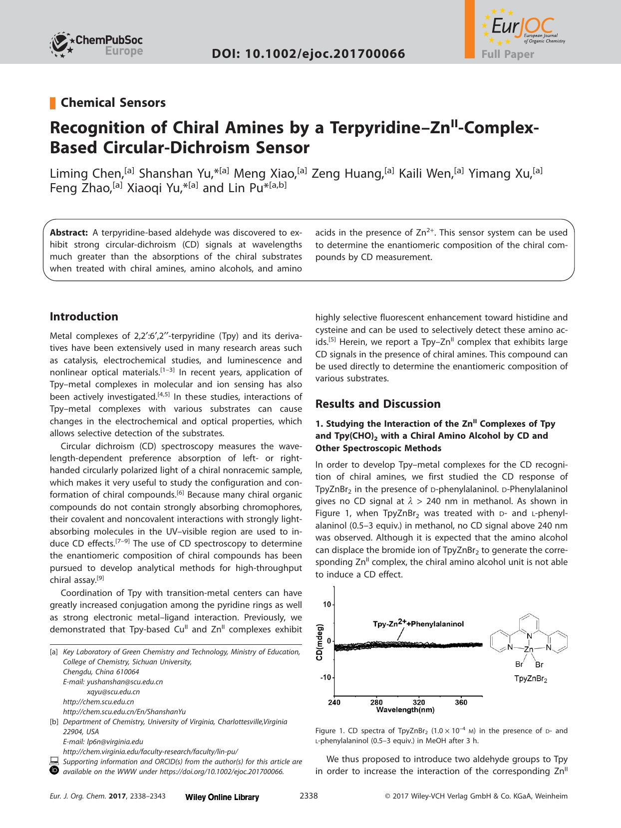 Recognition of Chiral Amines by a Terpyridine&#x02013;Zn<sup>II<sup>&#x02010;Complex&#x02010;Based Circular&#x02010;Dichroism Sensor by Unknown