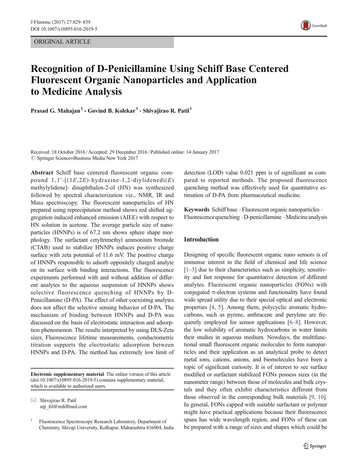 Recognition of D-Penicillamine Using Schiff Base Centered Fluorescent Organic Nanoparticles and Application to Medicine Analysis by Prasad G. Mahajan & Govind B. Kolekar & Shivajirao R. Patil