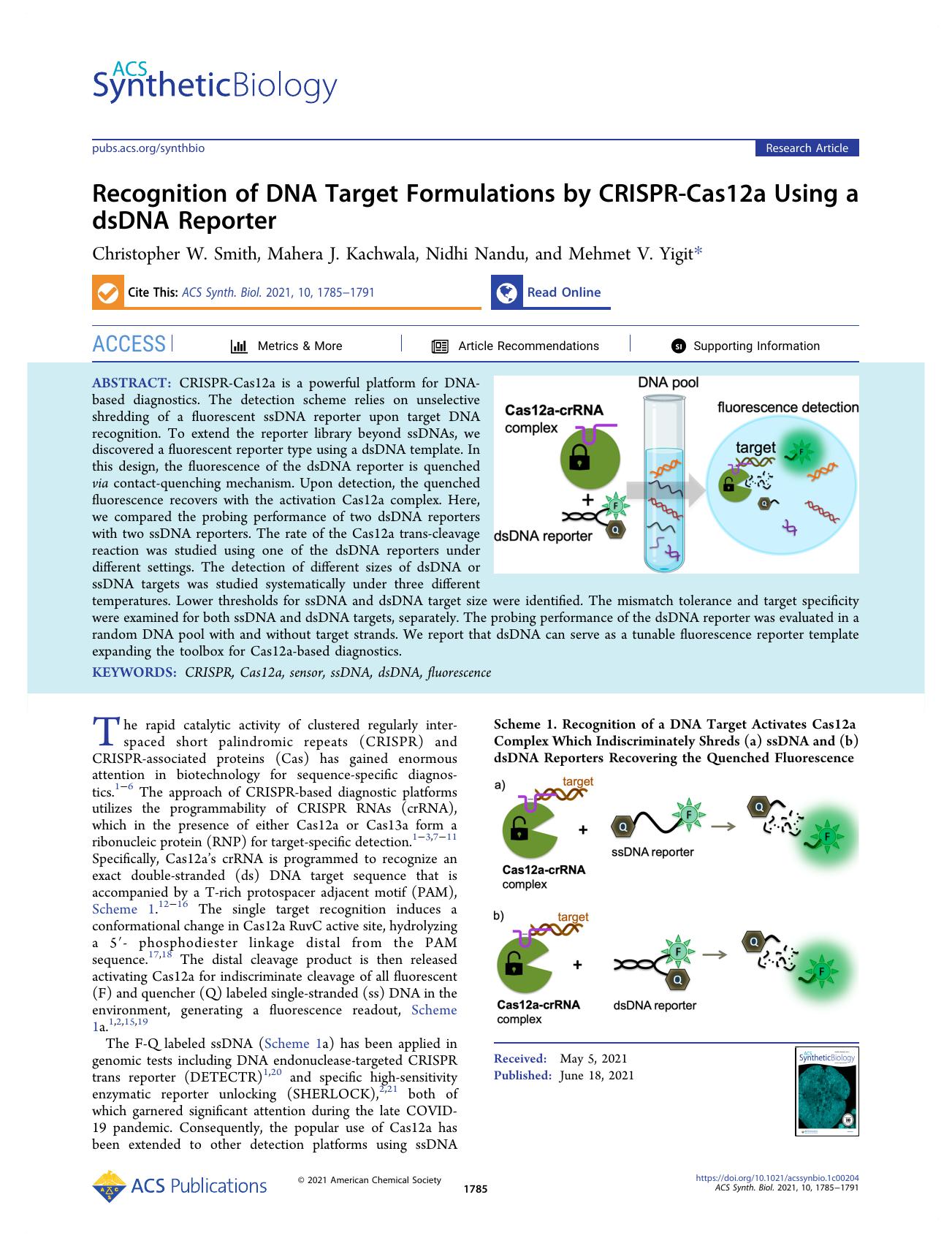 Recognition of DNA Target Formulations by CRISPR-Cas12a Using a dsDNA Reporter by Christopher W. Smith Mahera J. Kachwala Nidhi Nandu and Mehmet V. Yigit