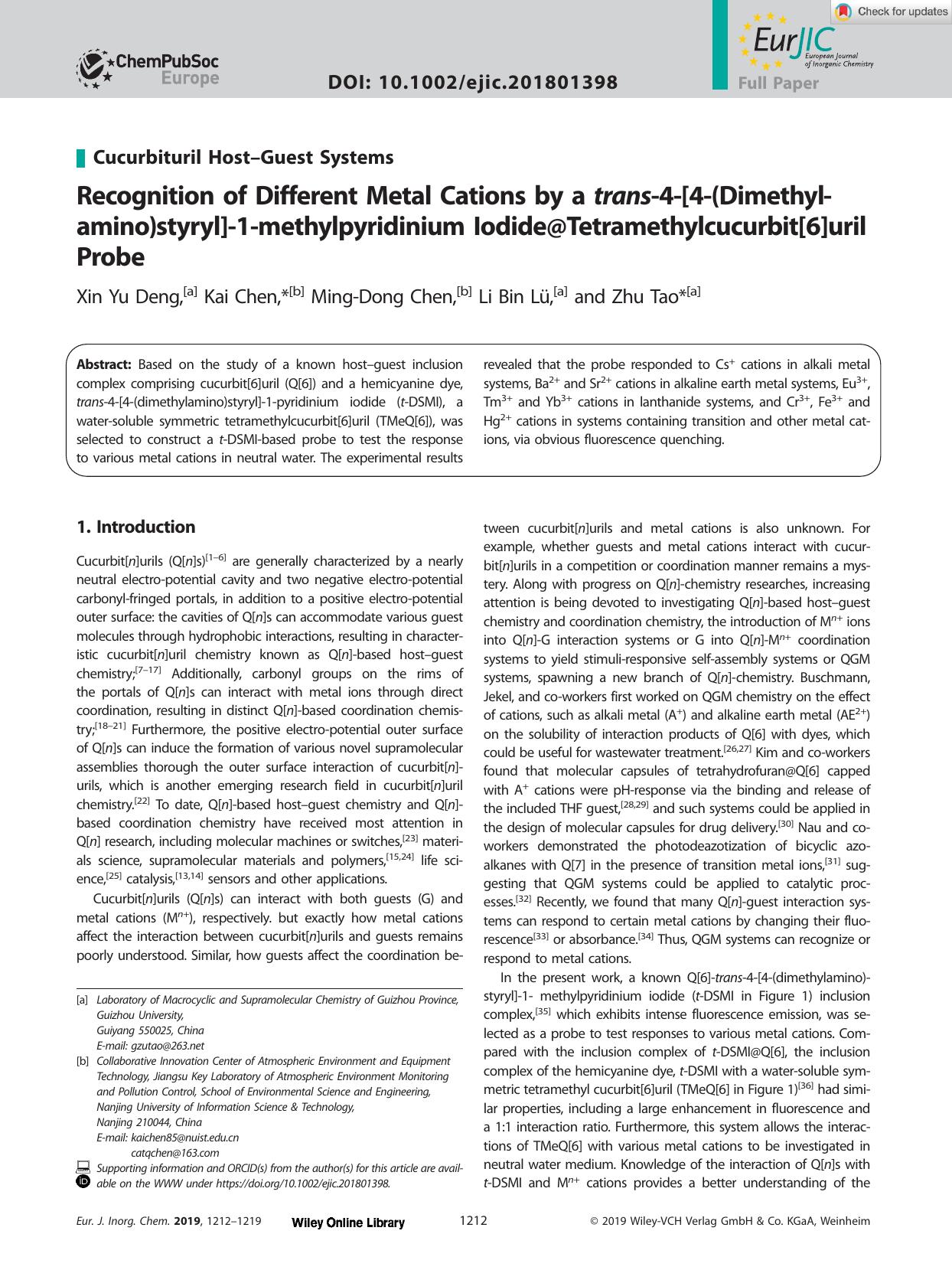 Recognition of Different Metal Cations by a transâ4â[4â(Dimethylamino)styryl]â1âmethylpyridinium Iodide@Tetramethylcucurbit[6]uril Probe by Unknown