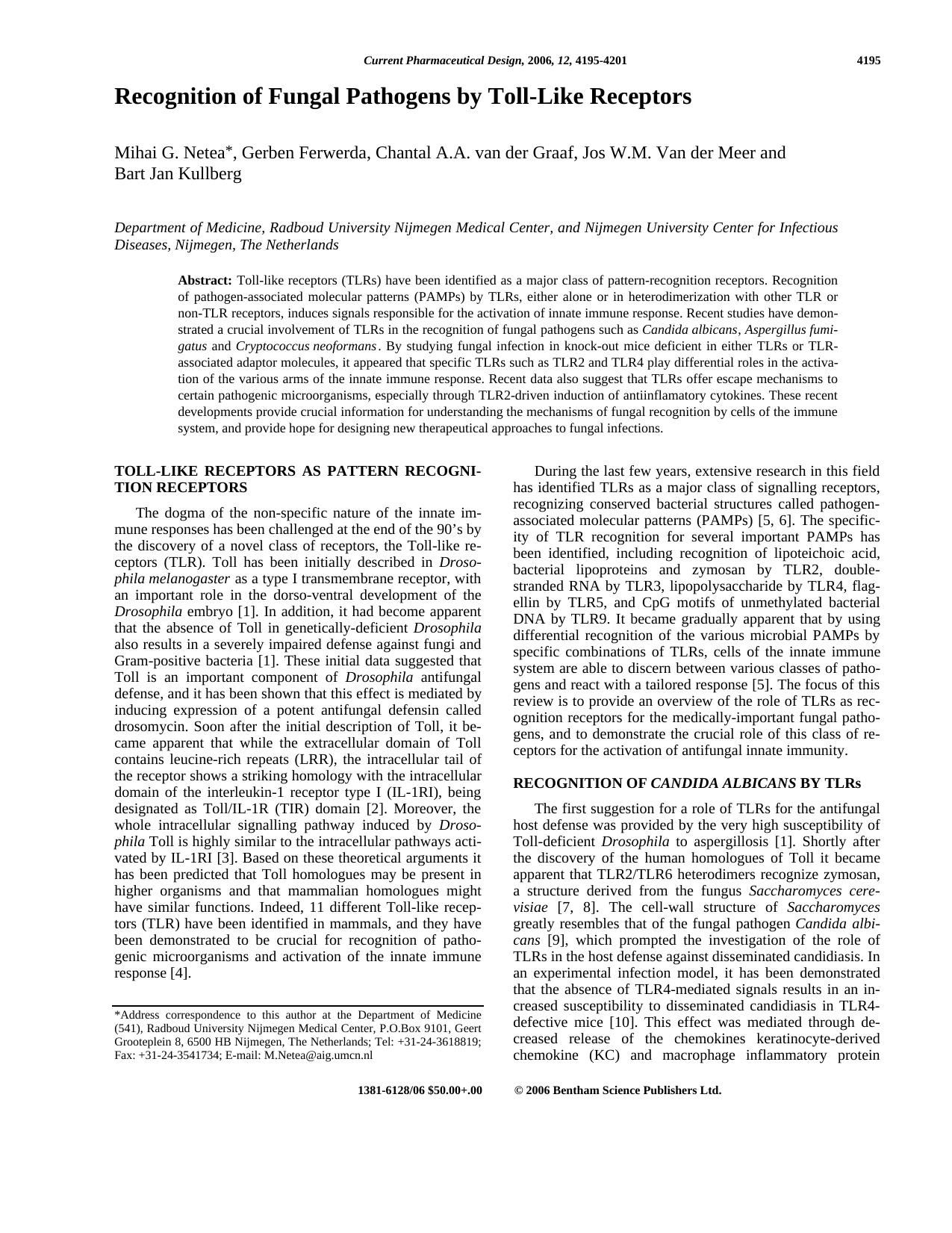 Recognition of Fungal Pathogens by Toll-Like Receptors by unknow