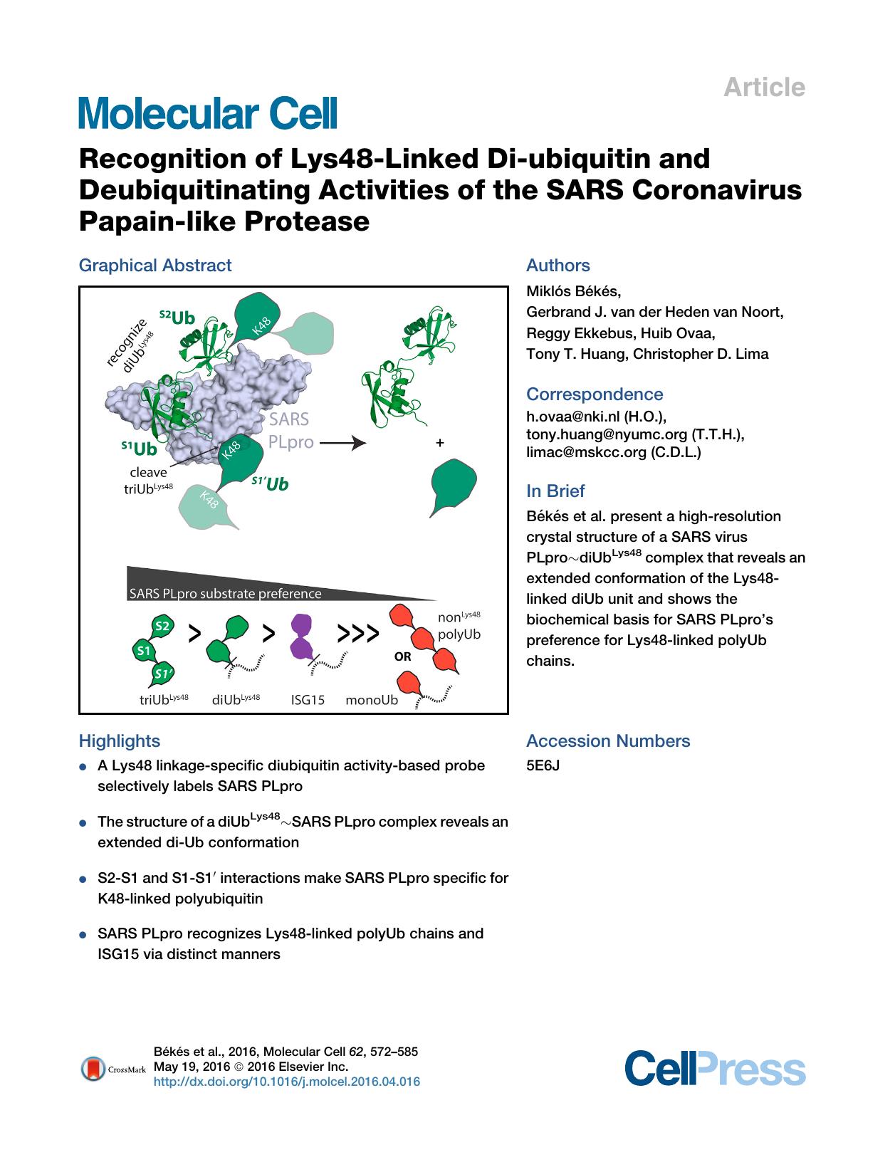 Recognition of Lys48-Linked Di-ubiquitin and Deubiquitinating Activities of the SARS Coronavirus Papain-like Protease by unknow