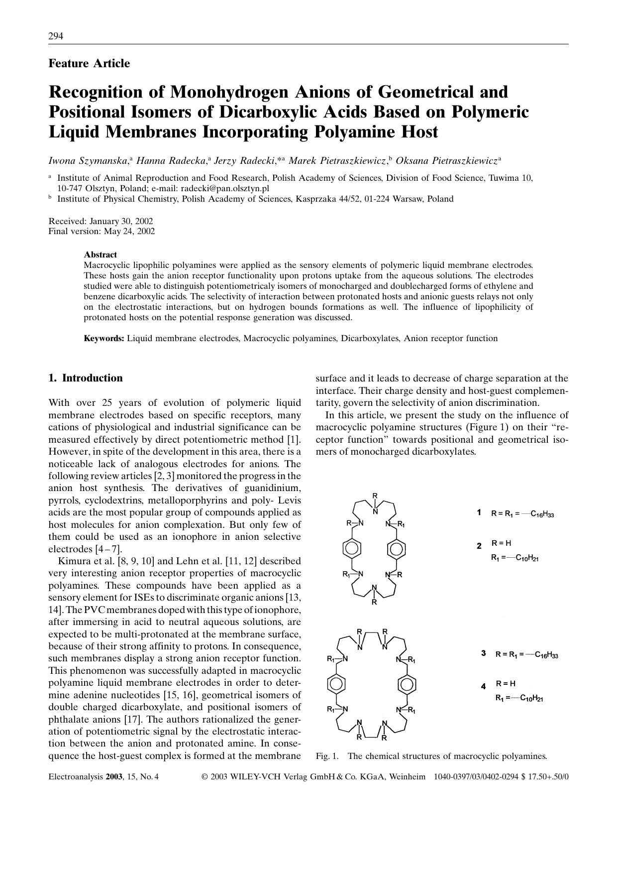 Recognition of Monohydrogen Anions of Geometrical and Positional Isomers of Dicarboxylic Acids Based on Polymeric Liquid Membranes Incorporating Polyamine Host by Unknown