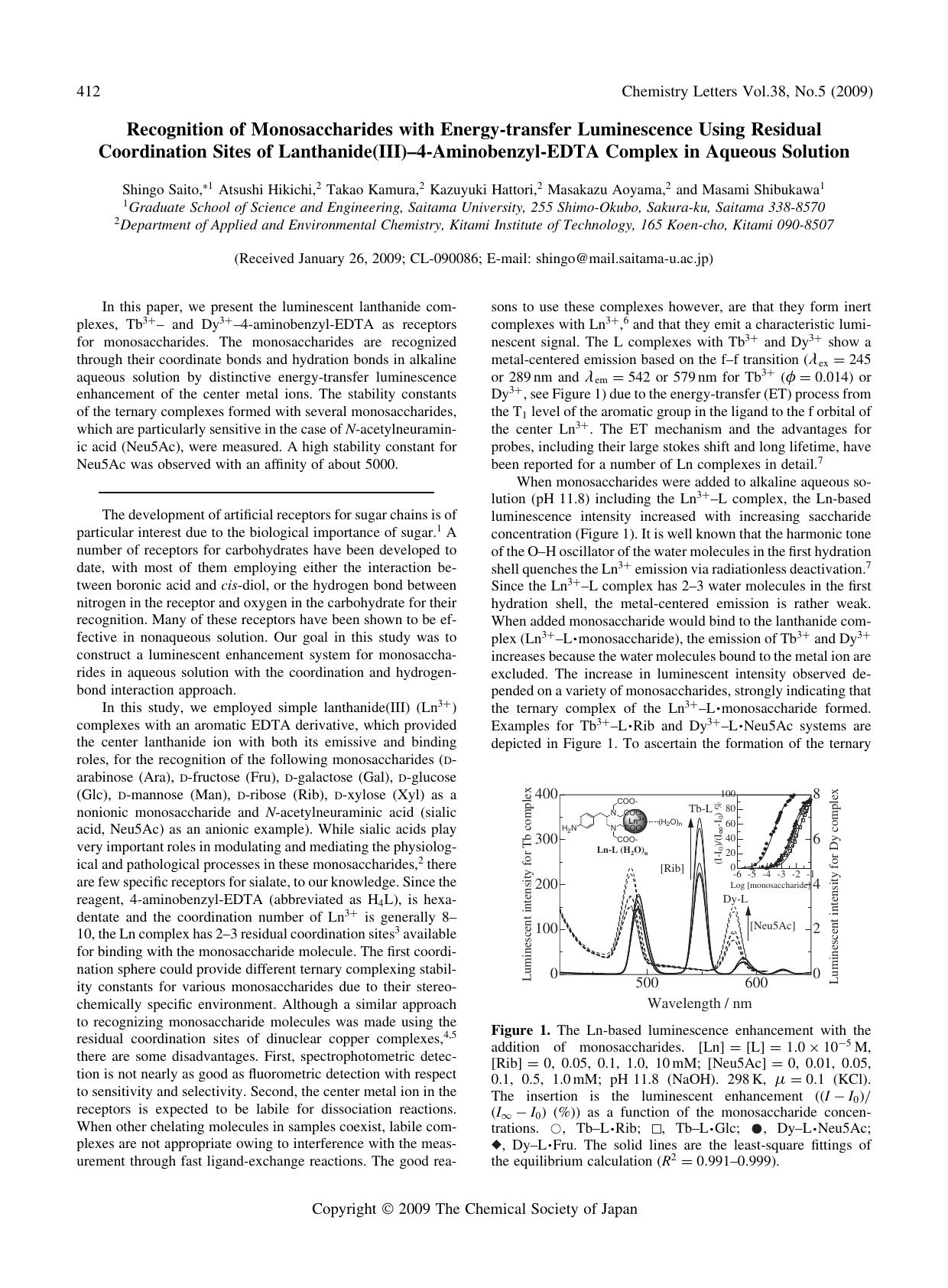 Recognition of Monosaccharides with Energy-transfer Luminescence Using Residual Coordination Sites of Lanthanide(III)--4-Aminobenzyl-EDTA Complex in Aqueous Solution by Shingo Saito Atsushi Hikichi Takao Kamura Kazuyuki Hattori Masakazu Aoyama & Masami Shibukawa