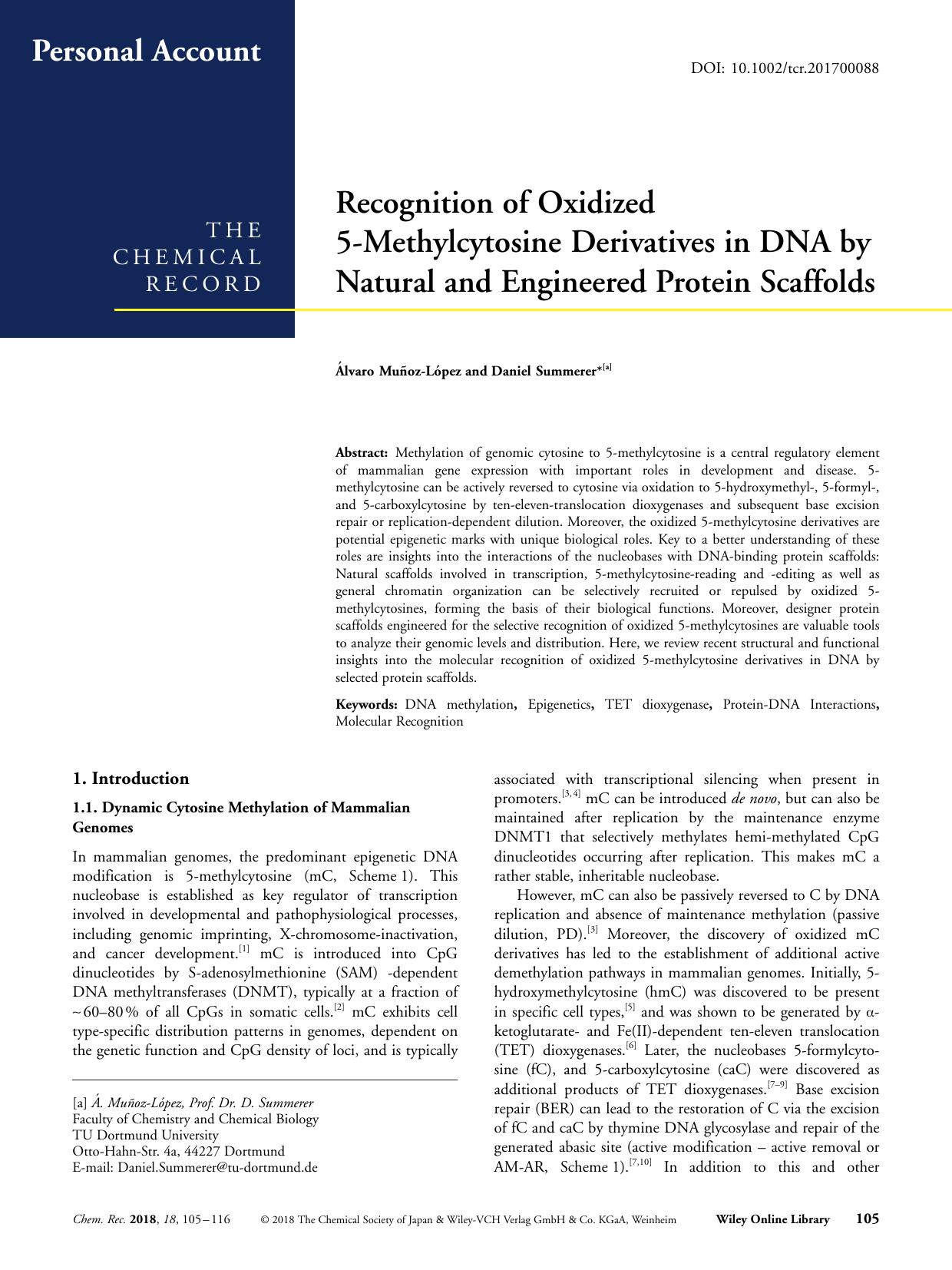 Recognition of Oxidized 5âMethylcytosine Derivatives in DNA by Natural and Engineered Protein Scaffolds by Unknown