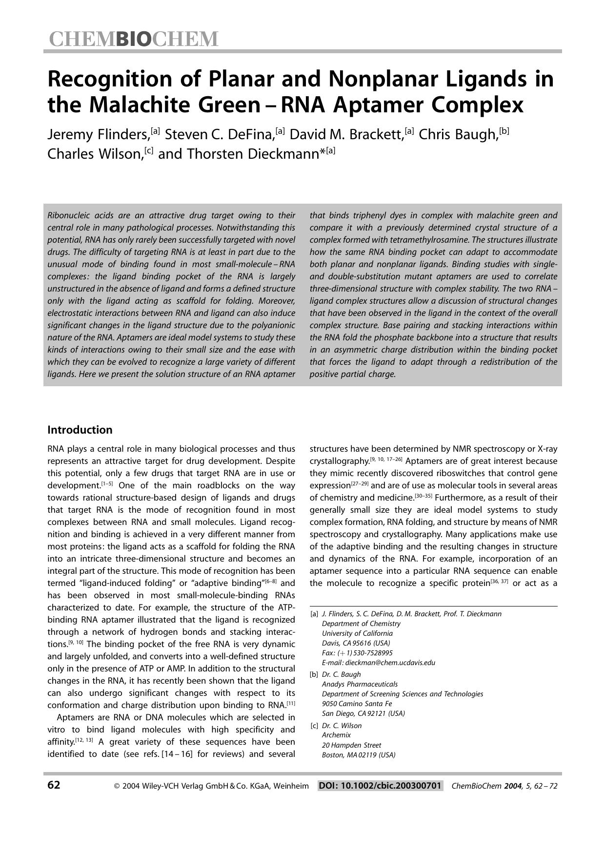 Recognition of Planar and Nonplanar Ligands in the Malachite Green-RNA Aptamer Complex by Unknown