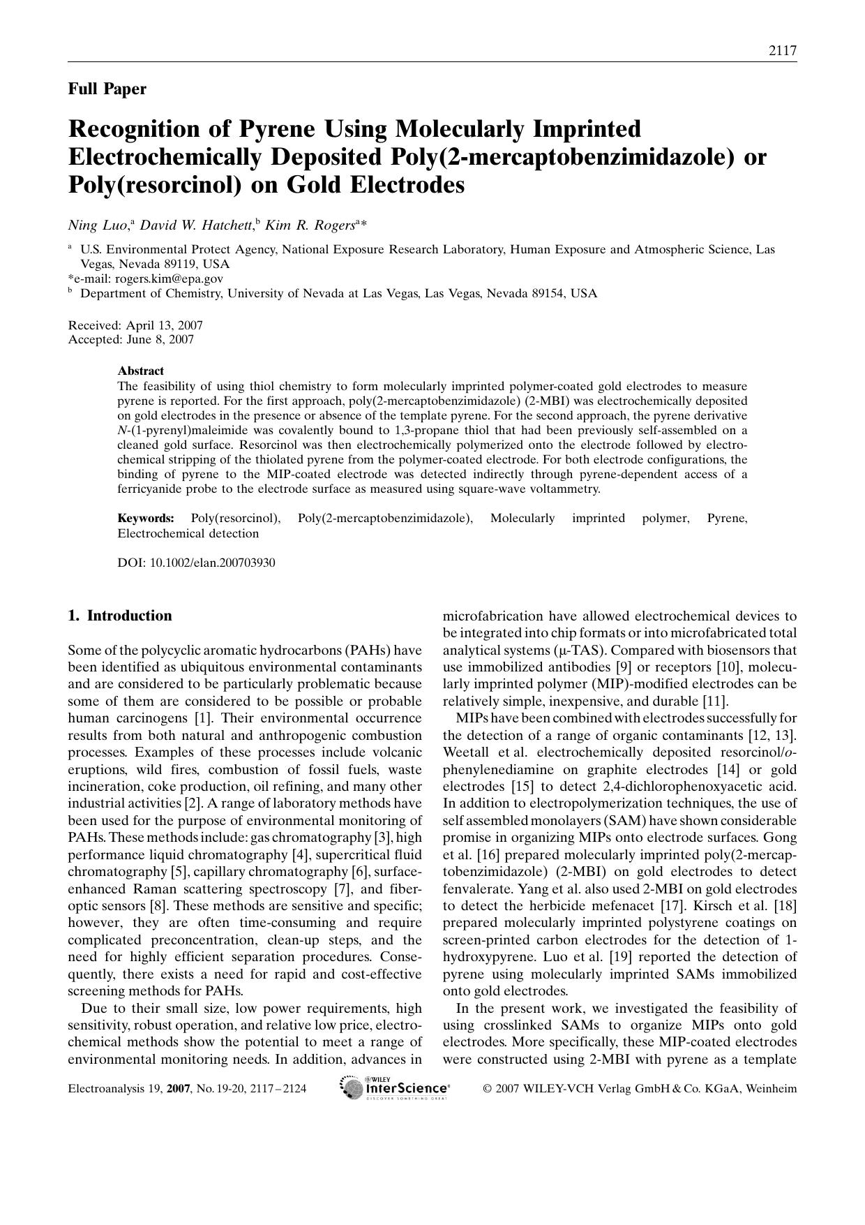 Recognition of Pyrene Using Molecularly Imprinted Electrochemically Deposited Poly(2-mercaptobenzimidazole) or Poly(resorcinol) on Gold Electrodes by Unknown