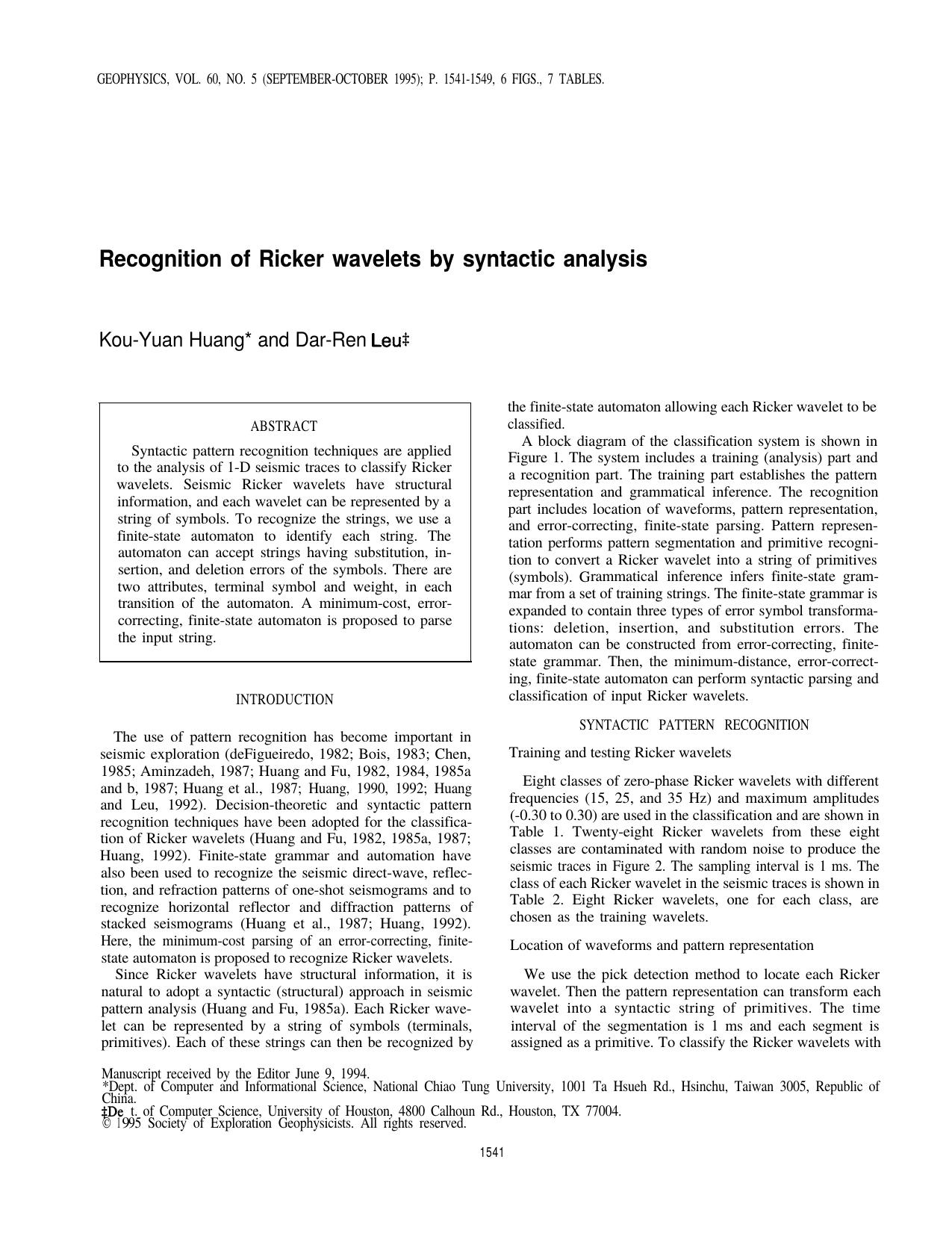 Recognition of Ricker wavelets by syntactic analysis by D.-R. Leu K.-Y. Huang
