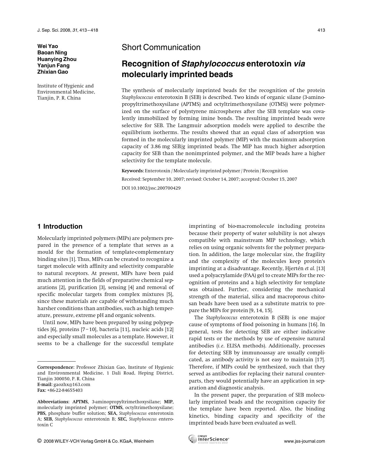 Recognition of Staphylococcus enterotoxin via molecularly imprinted beads by Unknown