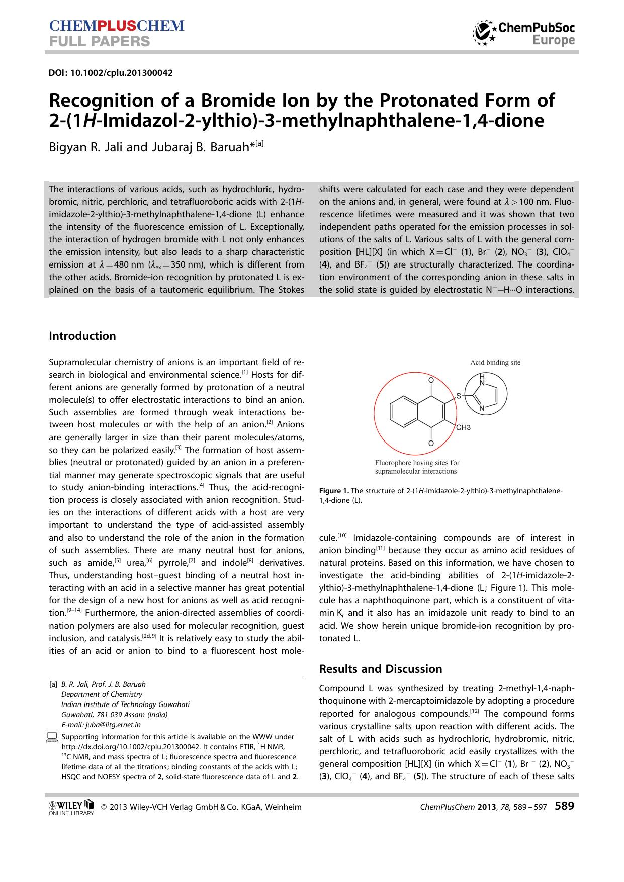 Recognition of a Bromide Ion by the Protonated Form of 2(1HImidazol2ylthio)3methylnaphthalene1,4dione by Unknown
