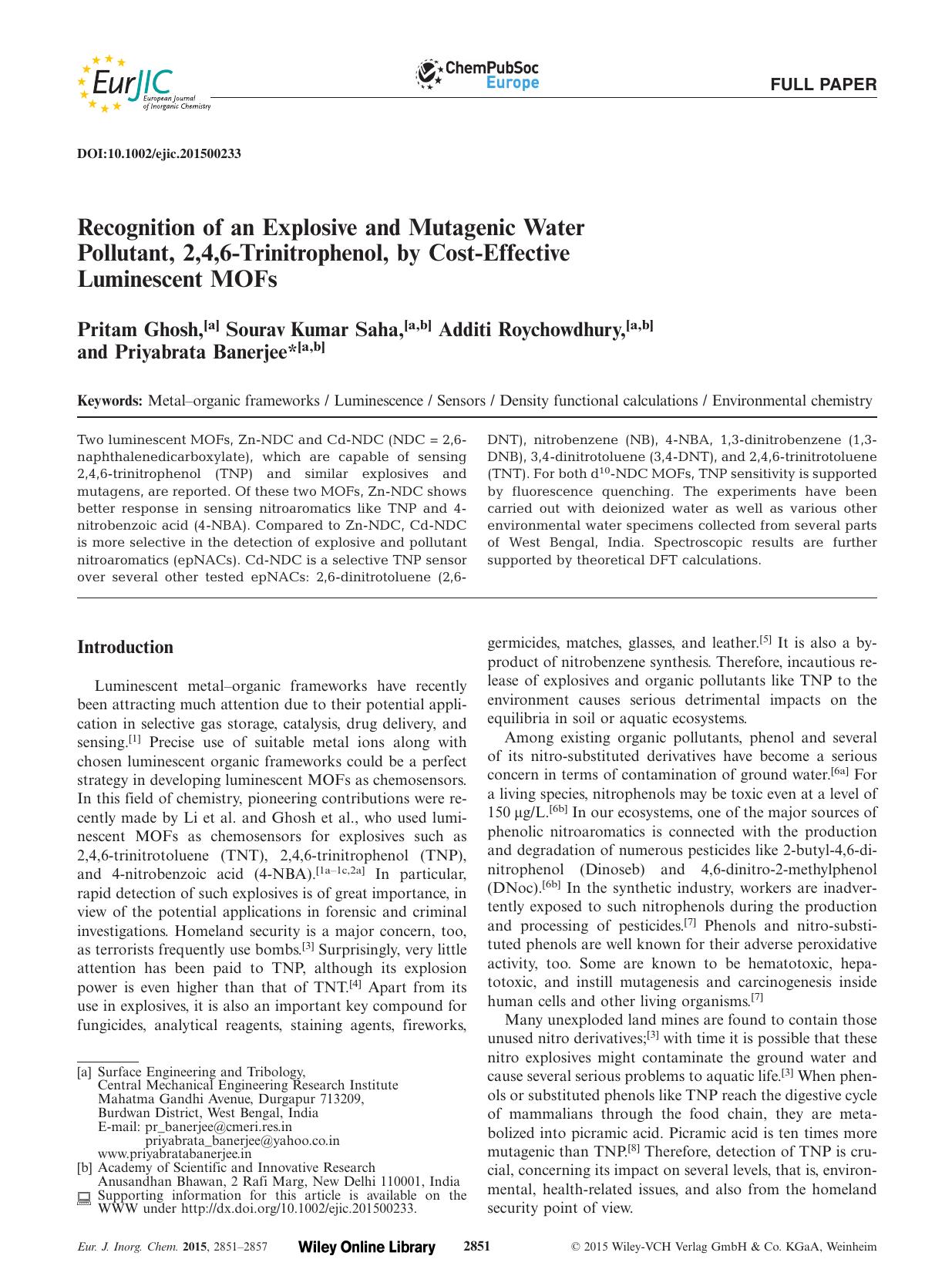 Recognition of an Explosive and Mutagenic Water Pollutant, 2,4,6Trinitrophenol, by CostEffective Luminescent MOFs by Unknown
