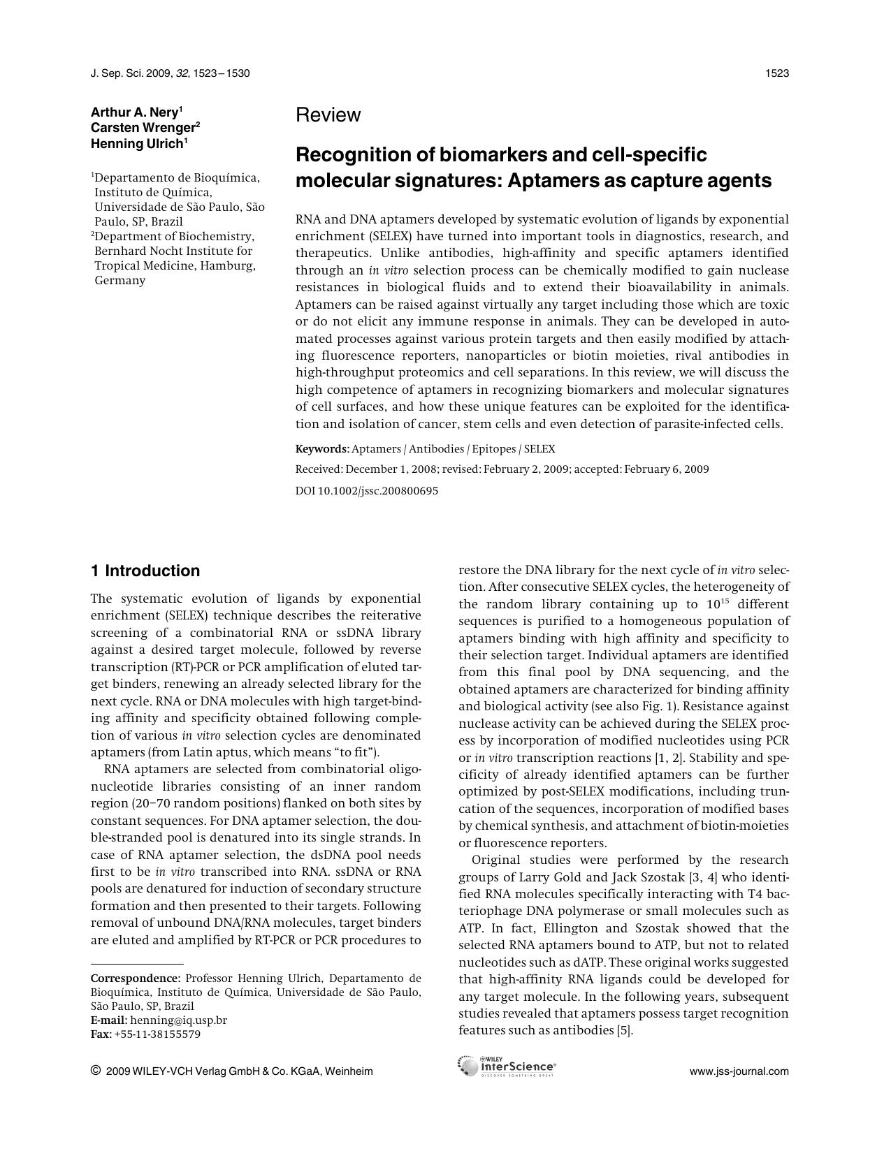 Recognition of biomarkers and cell-specific molecular signatures: Aptamers as capture agents by Unknown