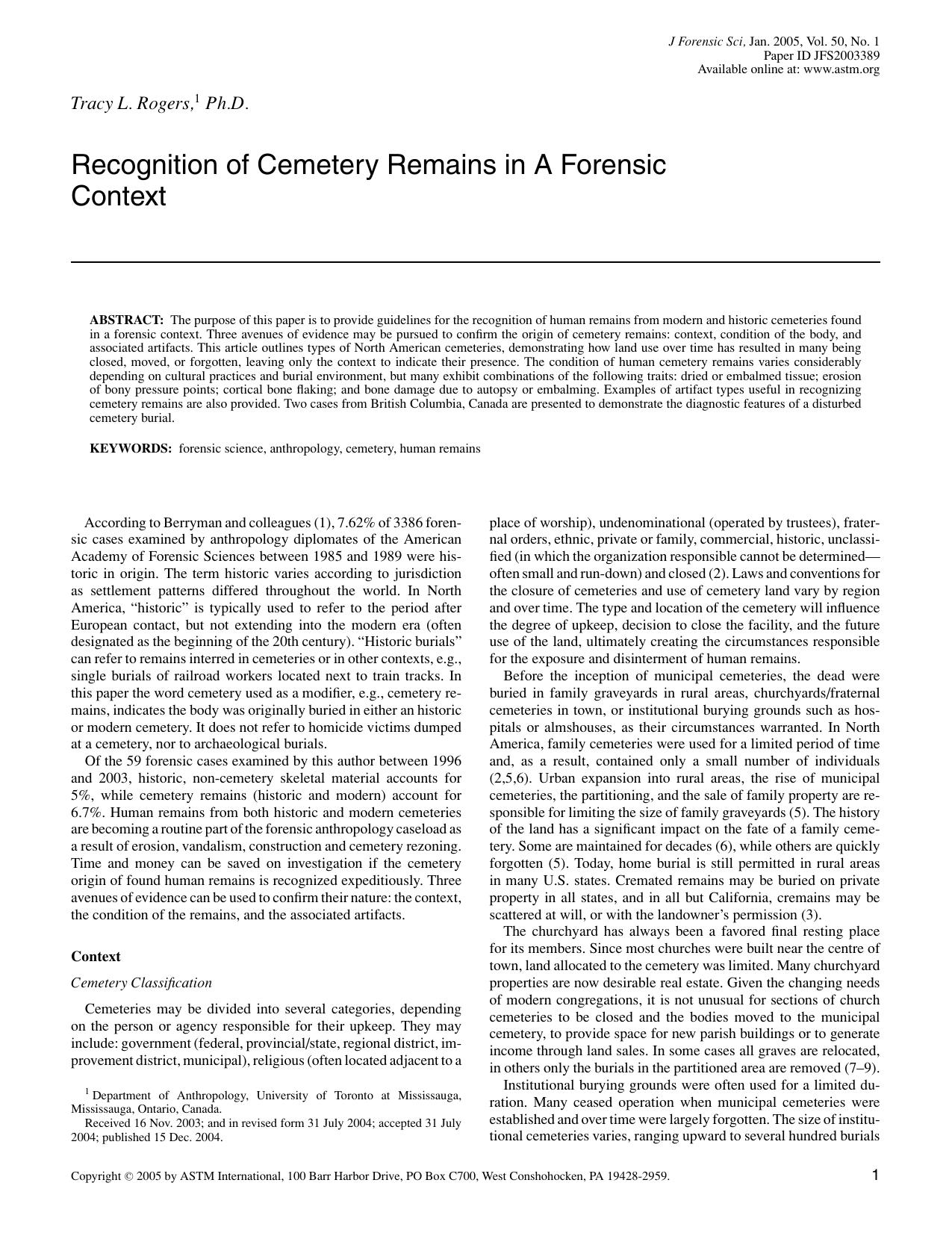 Recognition of cemetery remains in a forensic context by Rogers TL
