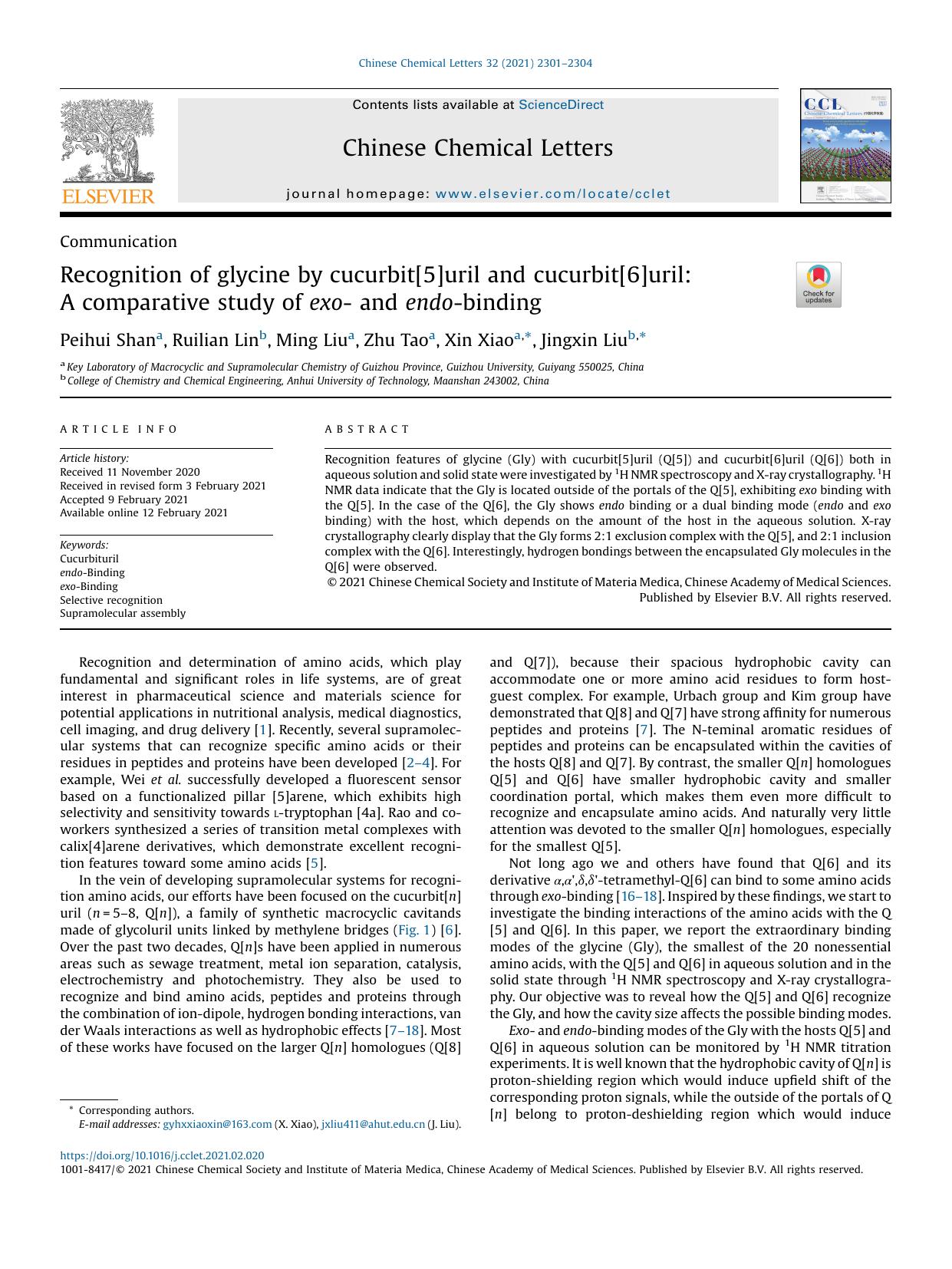 Recognition of glycine by cucurbit[5]uril and cucurbit[6]uril: A comparative study of exo- and endo-binding by Peihui Shan & Ruilian Lin & Ming Liu & Zhu Tao & Xin Xiao & Jingxin Liu