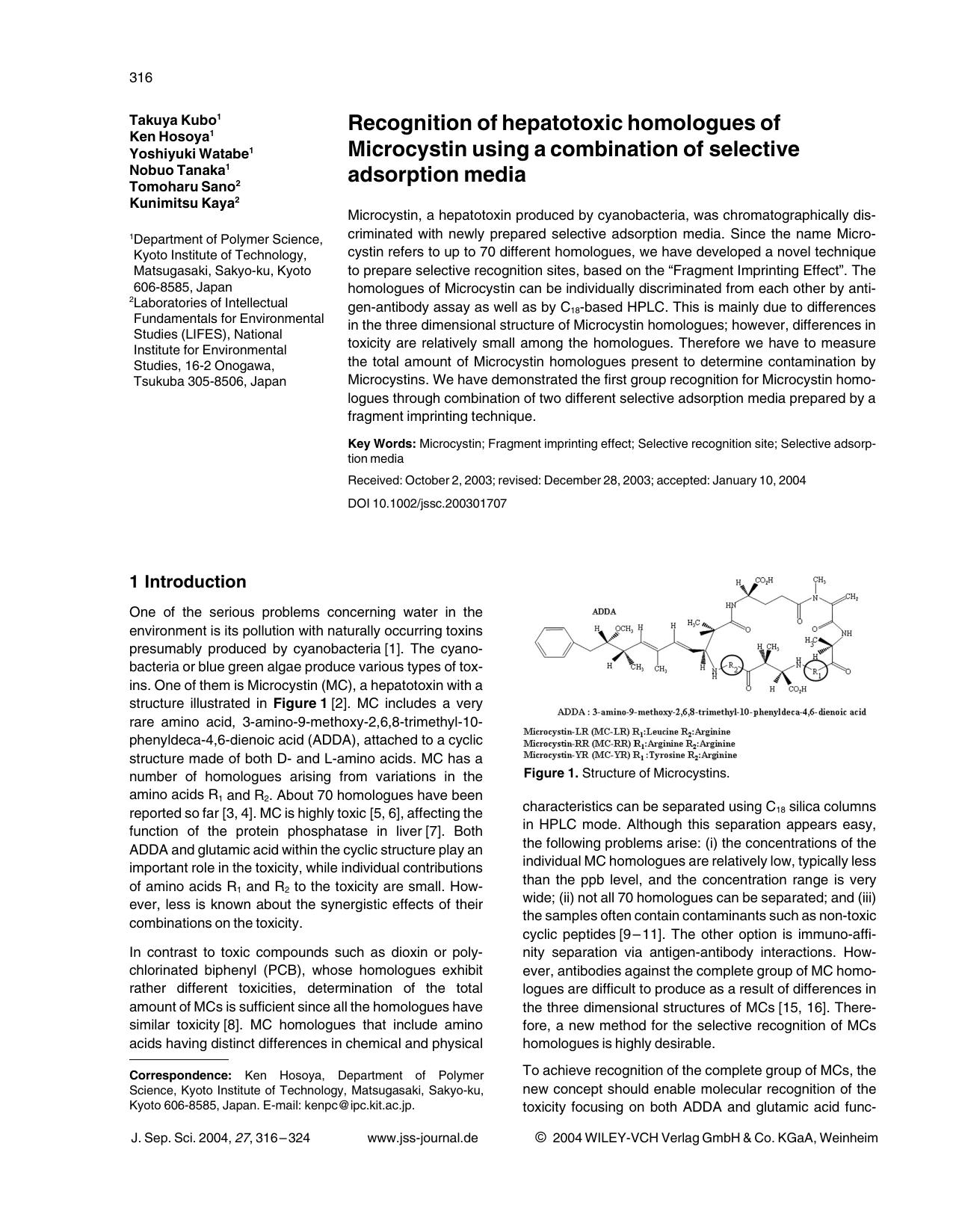 Recognition of hepatotoxic homologues of Microcystin using a combination of selective adsorption media by Unknown