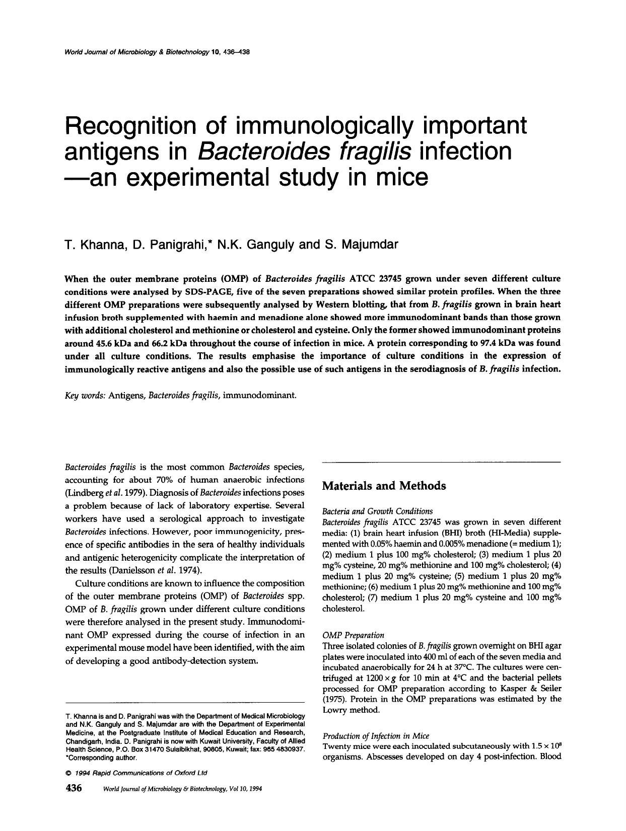 Recognition of immunologically important antigens in <Emphasis Type="Italic">Bacteroides fragilis<Emphasis> infection &#x2014;an experimental study in mice by Unknown