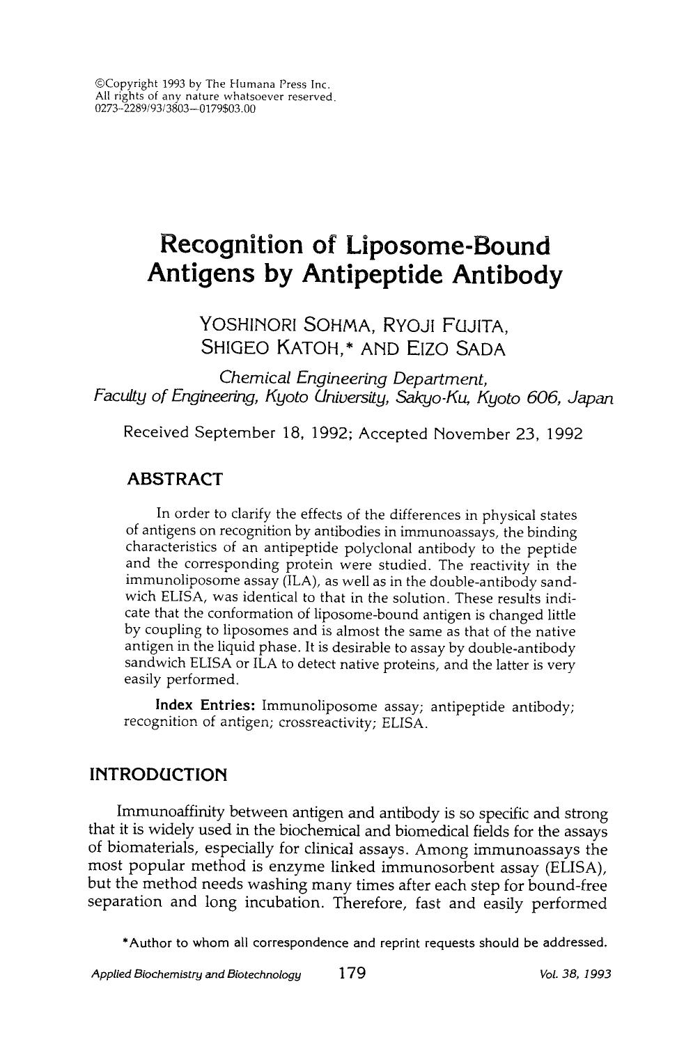 Recognition of liposome-bound antigens by antipeptide antibody by Unknown
