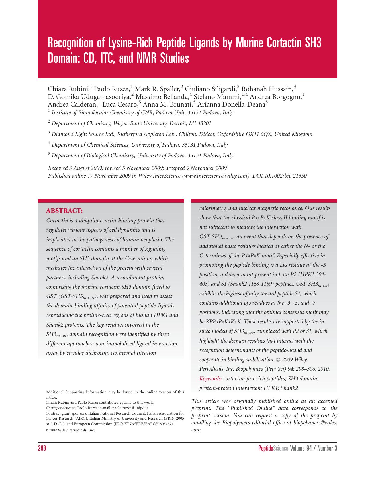 Recognition of lysine?rich peptide ligands by murine cortactin SH3 domain: CD, ITC, and NMR studies by Unknown