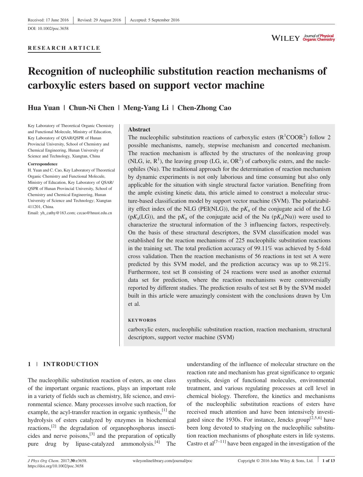Recognition of nucleophilic substitution reaction mechanisms of carboxylic esters based on support vector machine by Hua Yuan Chun-Ni Chen Meng-Yang Li Chen-Zhong Cao