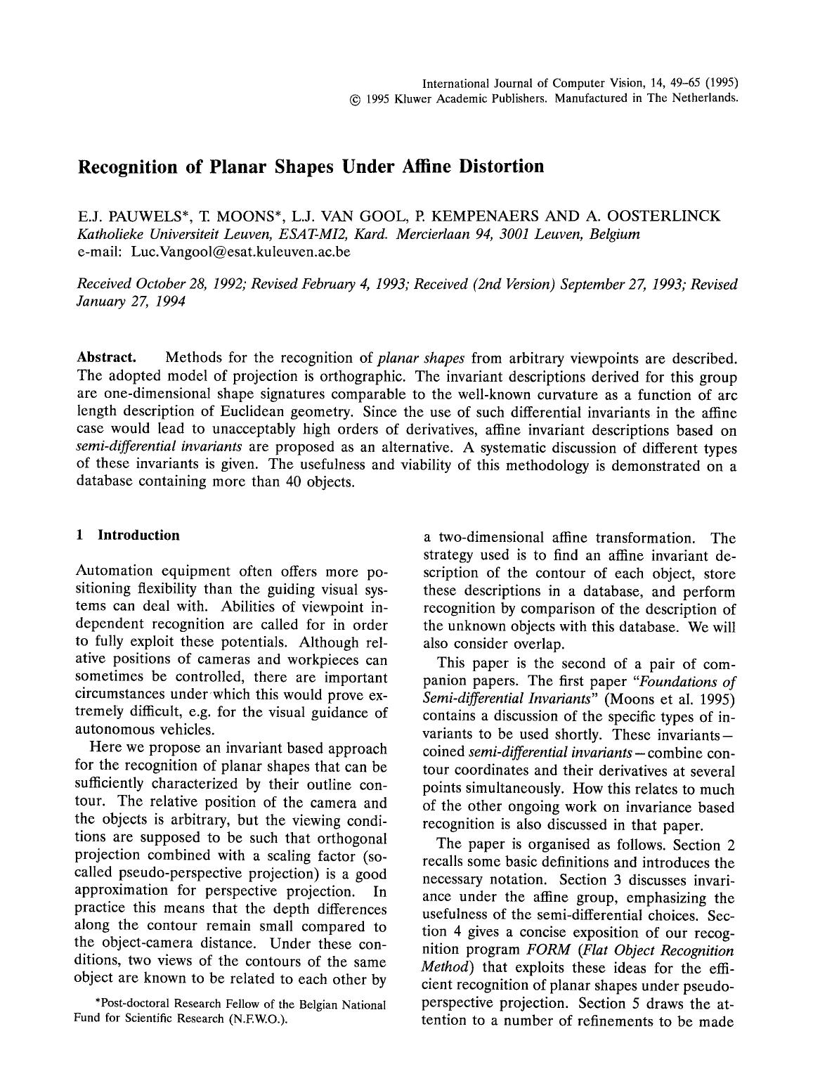Recognition of planar shapes under affine distortion by Unknown