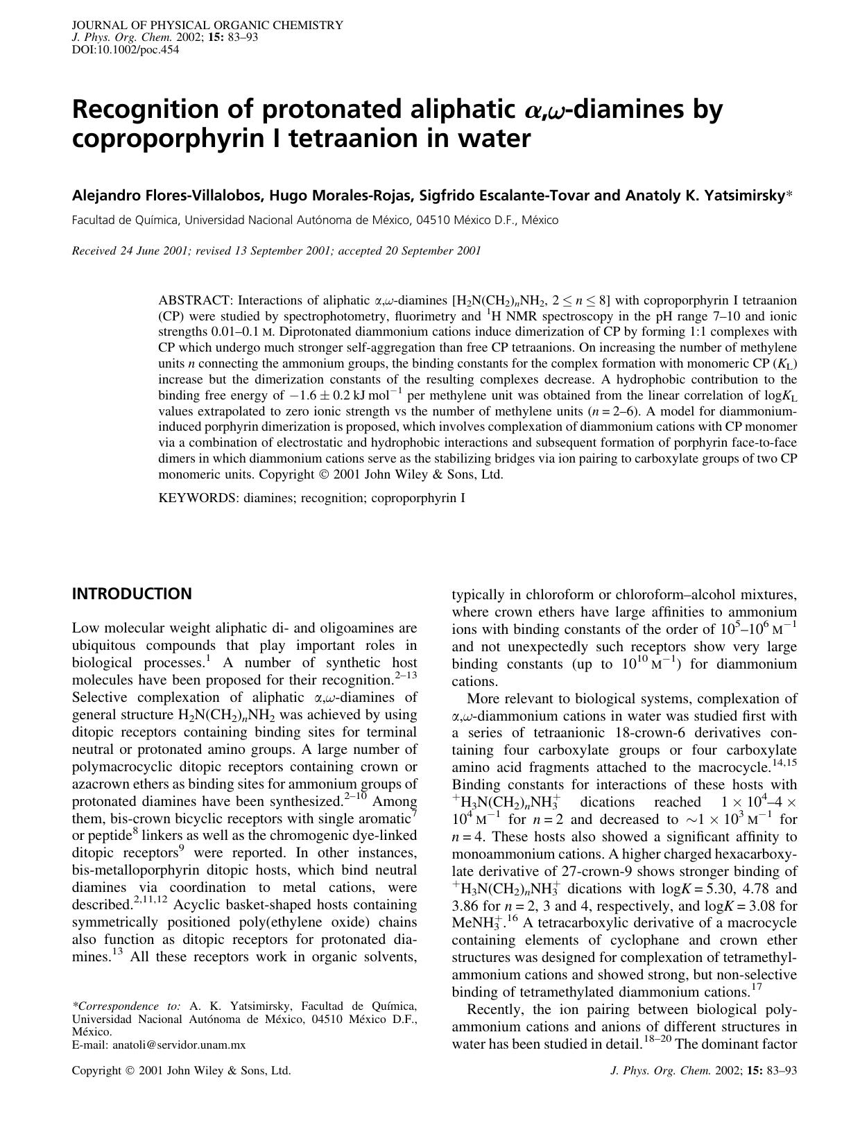 Recognition of protonated aliphatic [alpha],[omega]-diamines by coproporphyrin I tetraanion in water by Unknown