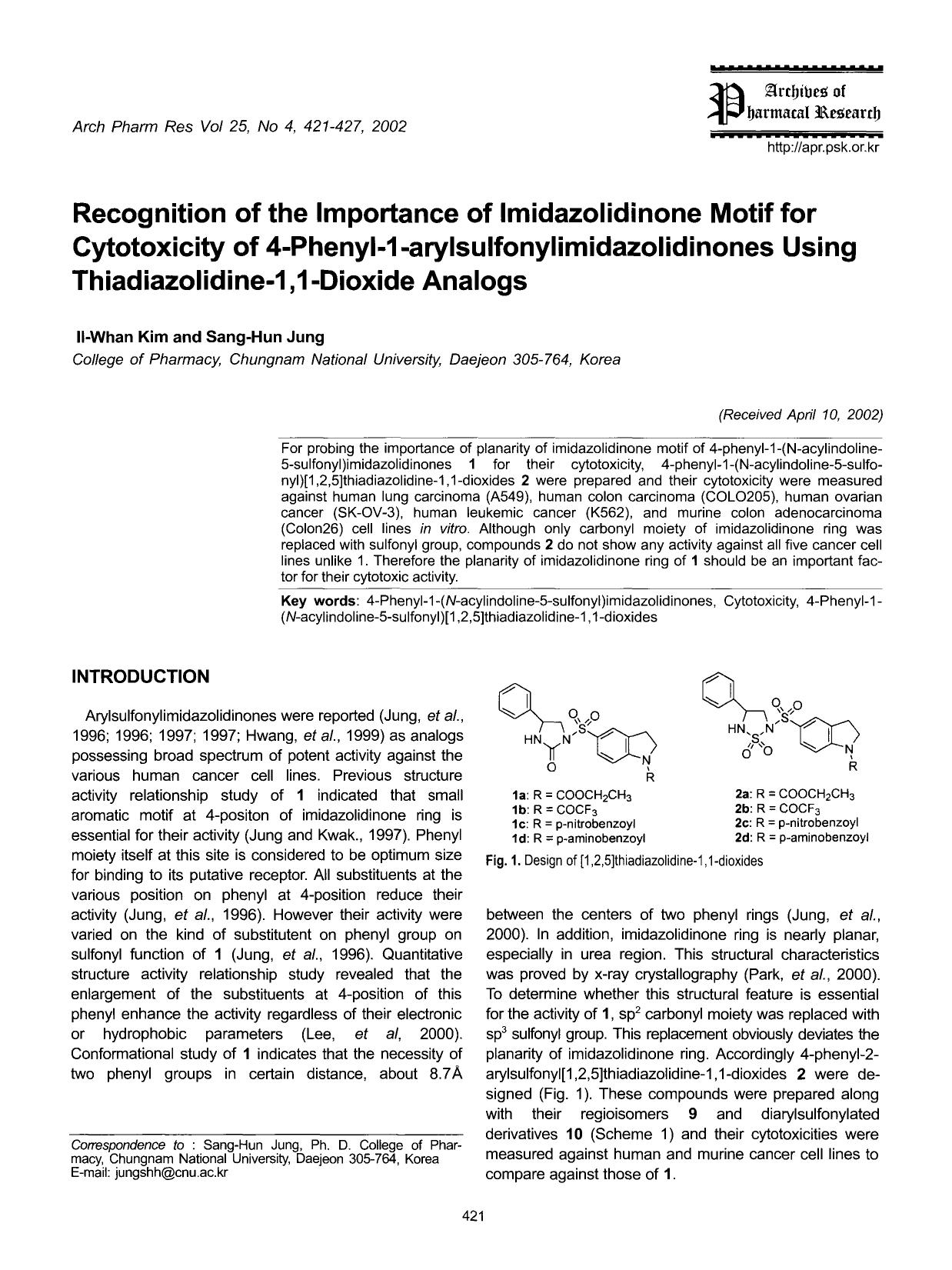 Recognition of the importance of imidazolidinone motif for cytotoxicity of 4-phenyl-1-arylsulfonylimidazolidinones using thiadiazolidine-1,1 -dioxide analogs by Unknown