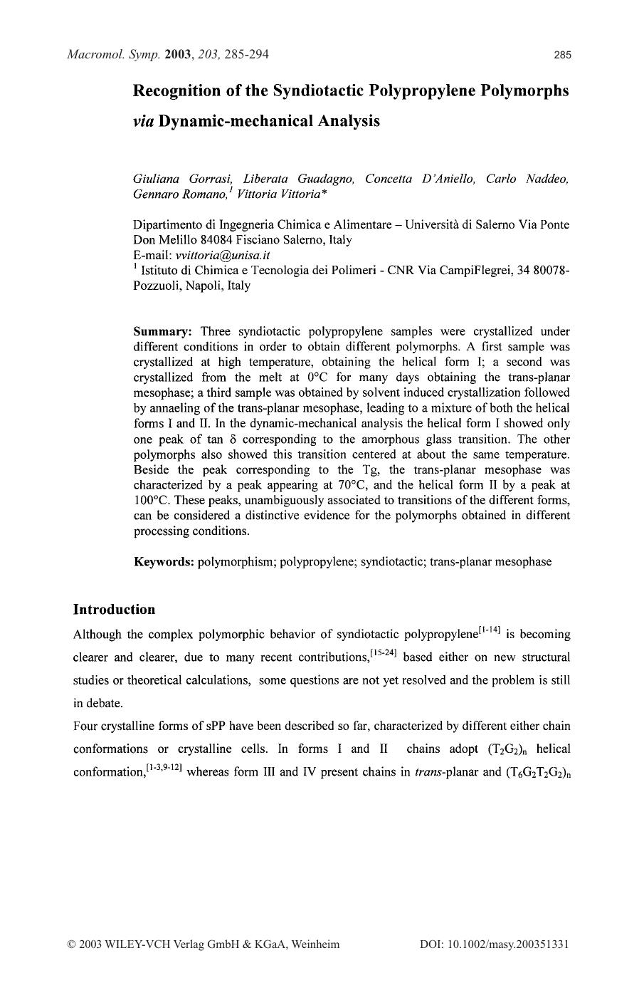Recognition of the syndiotactic polypropylene polymorphs via dynamic-mechanical analysis by Unknown