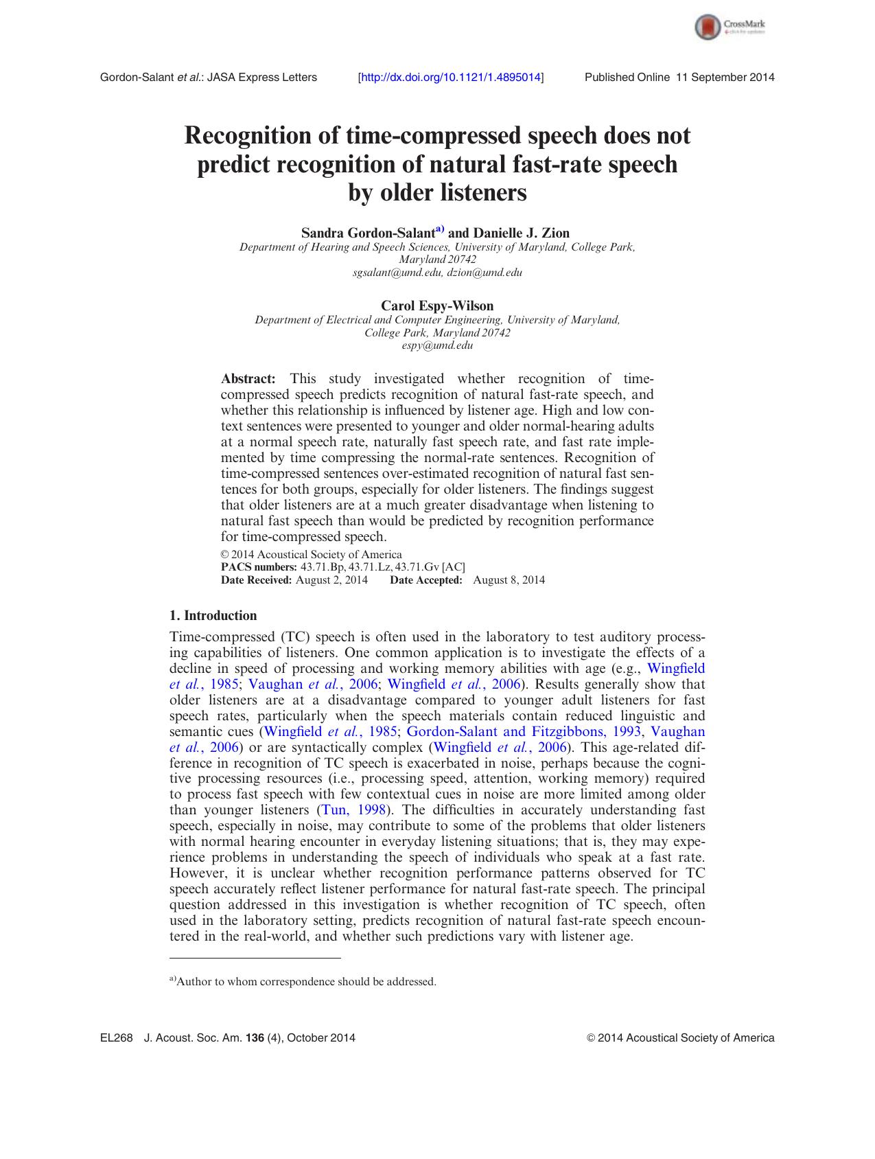 Recognition of time-compressed speech does not predict recognition of natural fast-rate speech by older listeners by Sandra Gordon-Salant & Danielle J. Zion & Carol Espy-Wilson