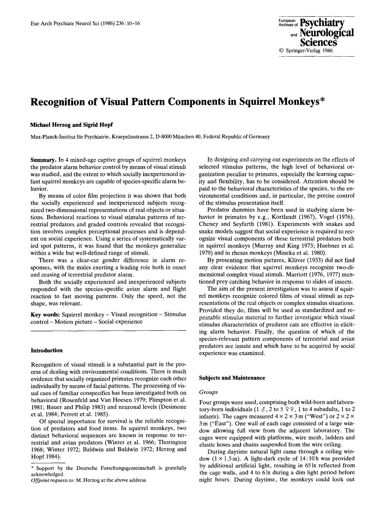 Recognition of visual pattern components in squirrel monkeys by Unknown