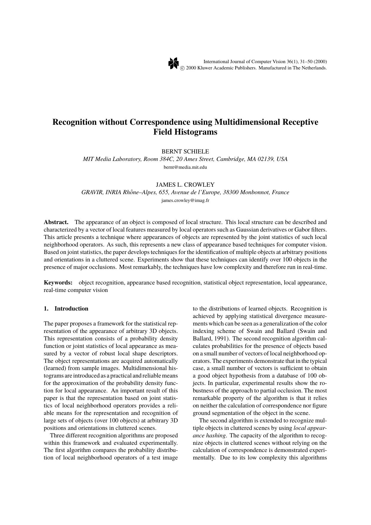 Recognition without Correspondence using Multidimensional Receptive Field Histograms by Recognition without Correspondence using Multidimensional Receptive Field Histograms