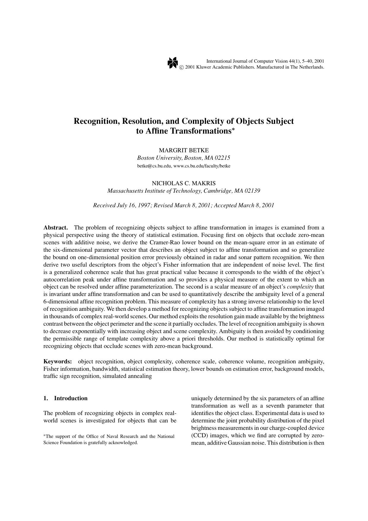 Recognition, Resolution, and Complexity of Objects Subject to Affine Transformations by Recognition Resolution & Complexity of Objects Subject to Affine Transformations