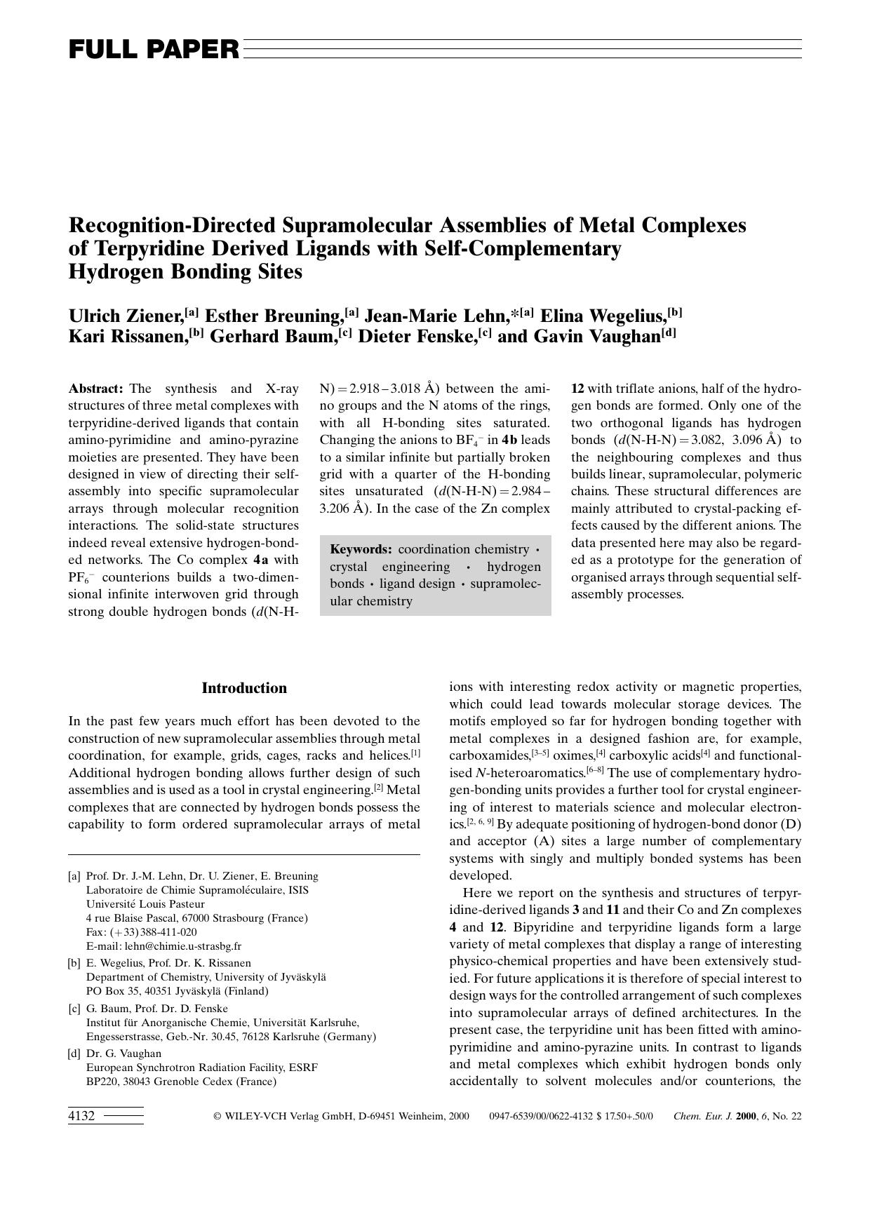 Recognition-Directed Supramolecular Assemblies of Metal Complexes of Terpyridine Derived Ligands with Self-Complementary Hydrogen Bonding Sites by Unknown