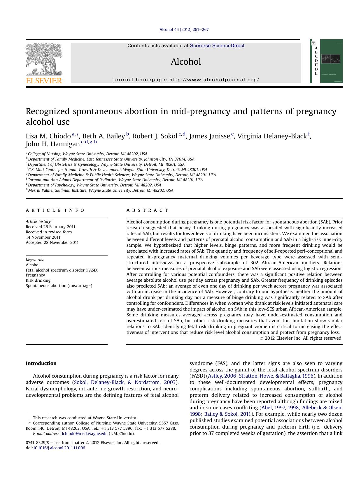 Recognized spontaneous abortion in mid-pregnancy and patterns of pregnancy alcohol use by unknow