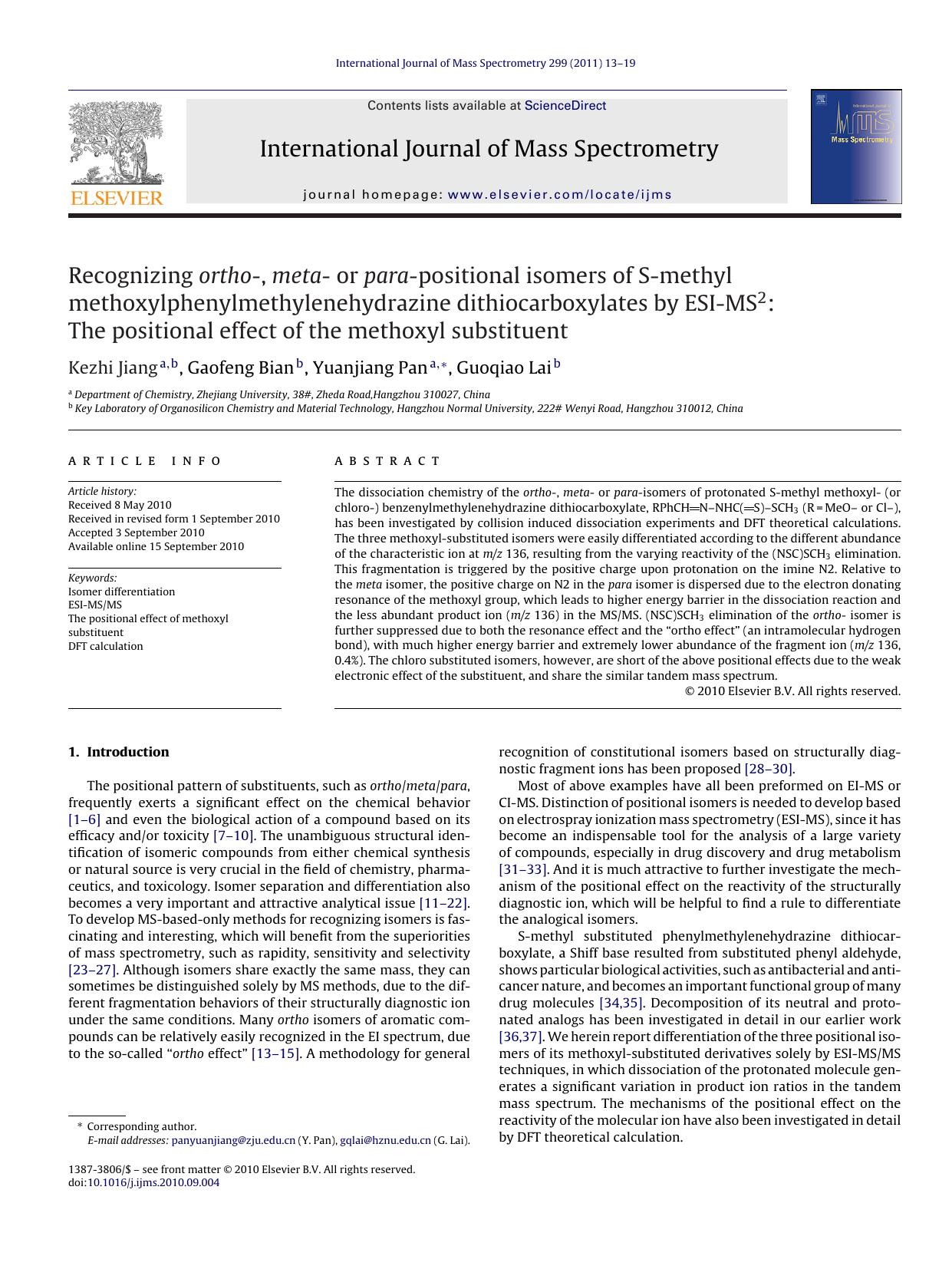 Recognizing ortho-, meta- or para-positional isomers of S-methyl methoxylphenylmethylenehydrazine dithiocarboxylates by ESI-MS2: The positional effect of the methoxyl substituent by Kezhi Jiang