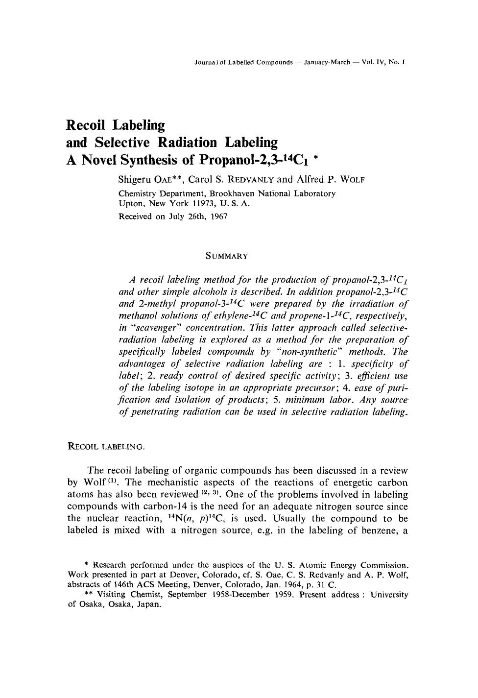 Recoil labeling and selective radiation labeling a novel synthesis of propanol-2,3-14C1 by Unknown