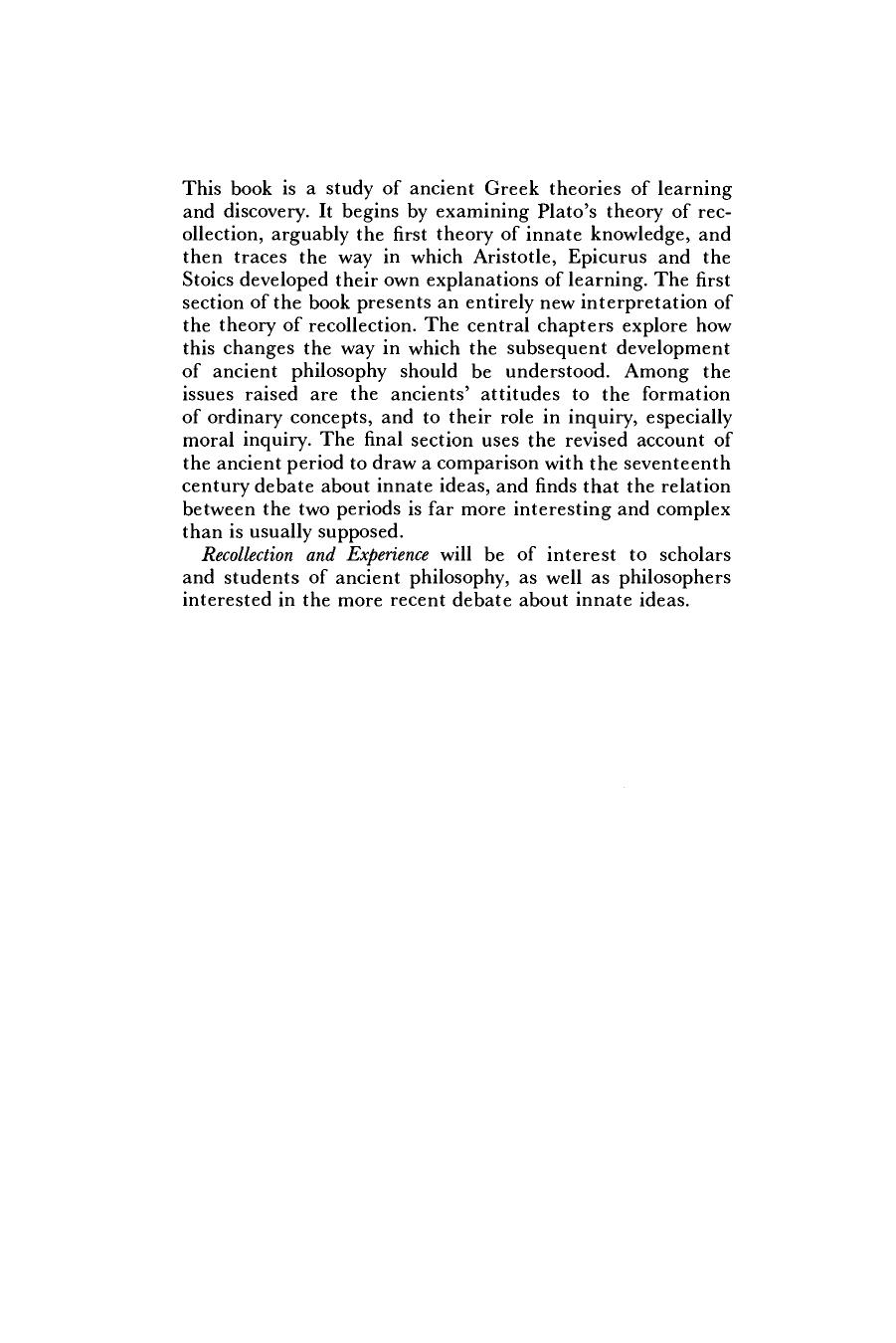 Recollection and Experience: Plato's Theory of Learning and its Successors by Dominic Scott