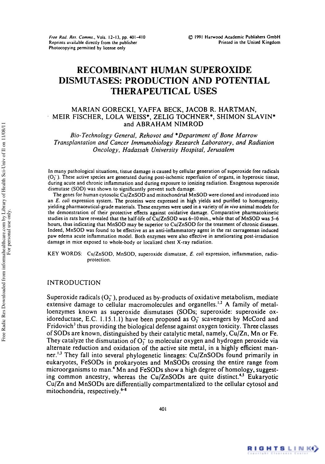 Recombinant Human Superoxide Dismutases: Production and Potential Therapeutical Uses by unknow