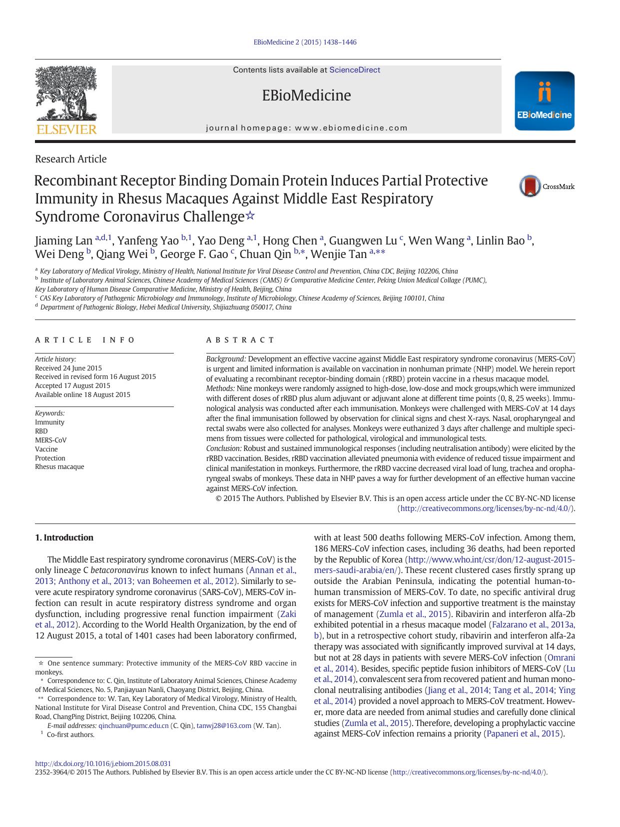 Recombinant Receptor Binding Domain Protein Induces Partial Protective Immunity in Rhesus Macaques Against Middle East Respiratory Syndrome Coronavirus Challenge by unknow