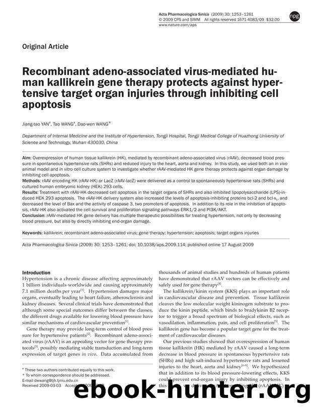 Recombinant adeno-associated virus-mediated human kallikrein gene therapy protects against hypertensive target organ injuries through inhibiting cell apoptosis by Jiang-tao Yan & Tao Wang & Dao-wen Wang