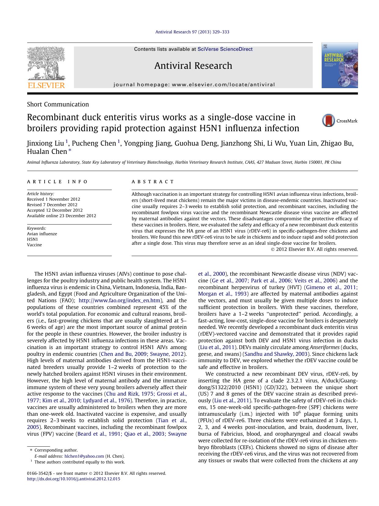 Recombinant duck enteritis virus works as a single-dose vaccine in broilers providing rapid protection against H5N1 influenza infection by unknow