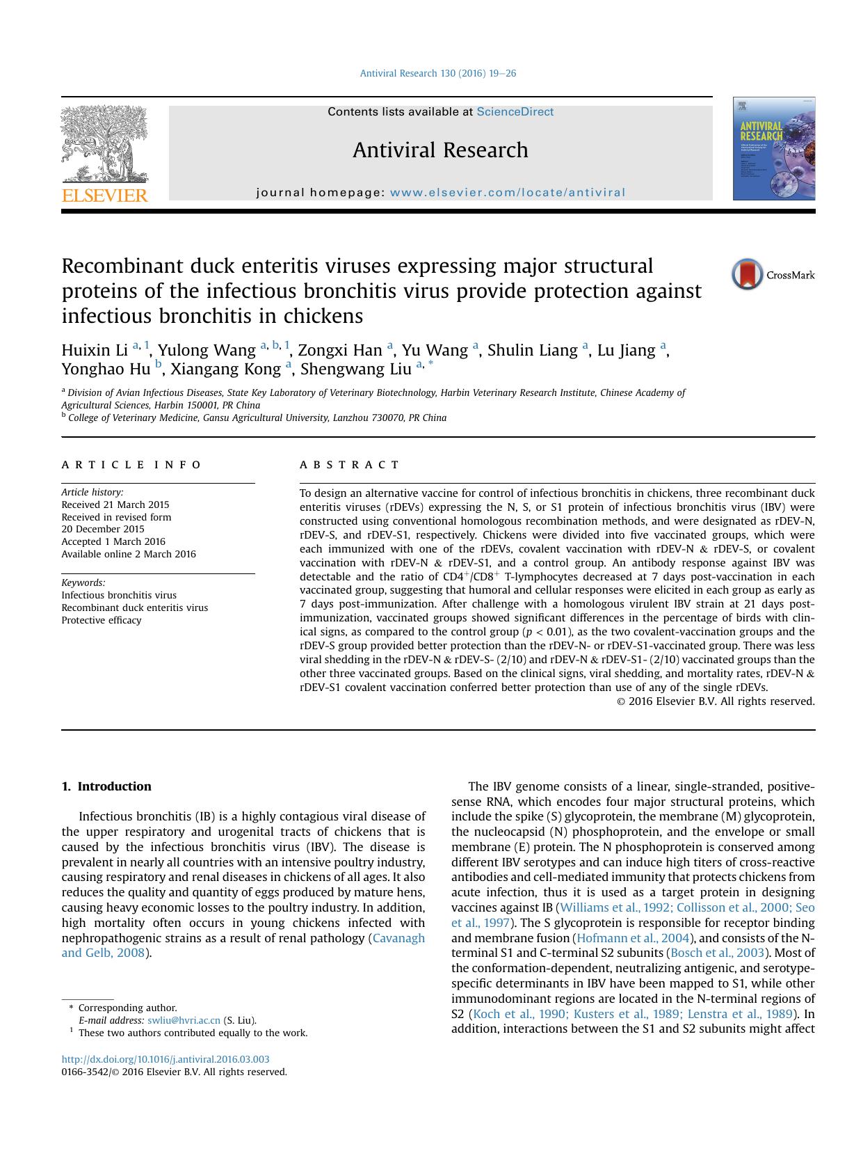 Recombinant duck enteritis viruses expressing major structural proteins of the infectious bronchitis virus provide protection against infectious bronchitis in chickens by unknow