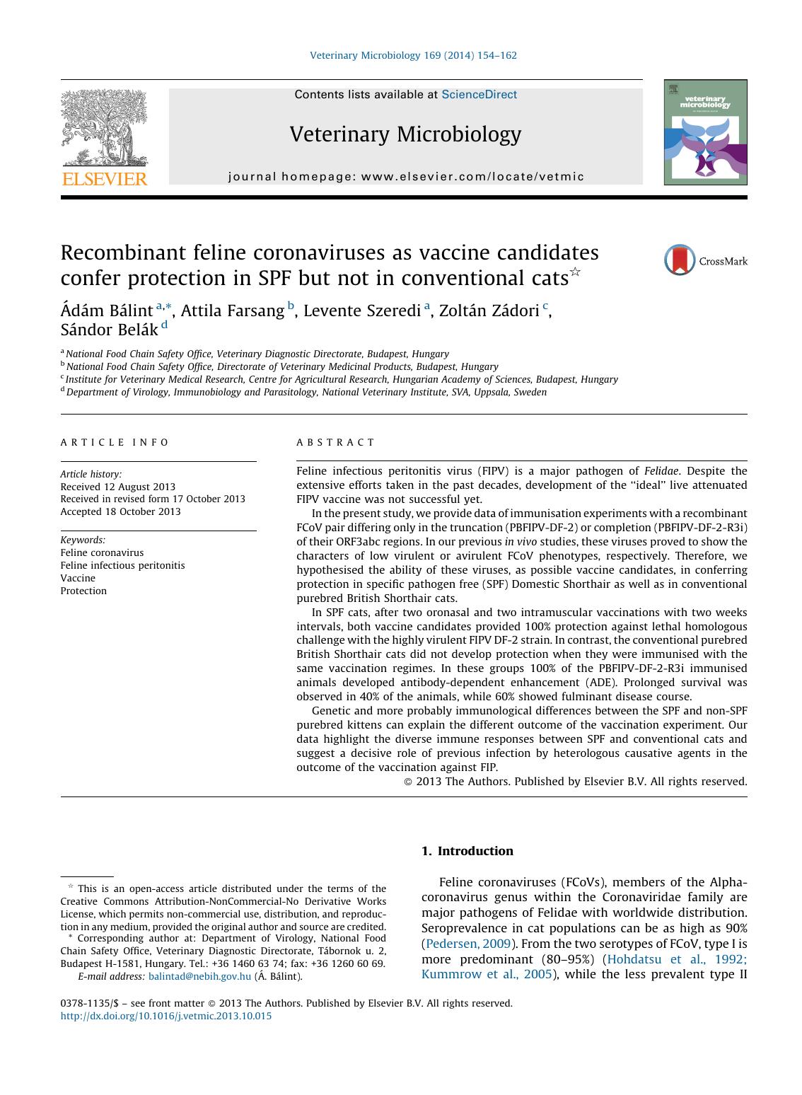 Recombinant feline coronaviruses as vaccine candidates confer protection in SPF but not in conventional cats by Ádám Bálint