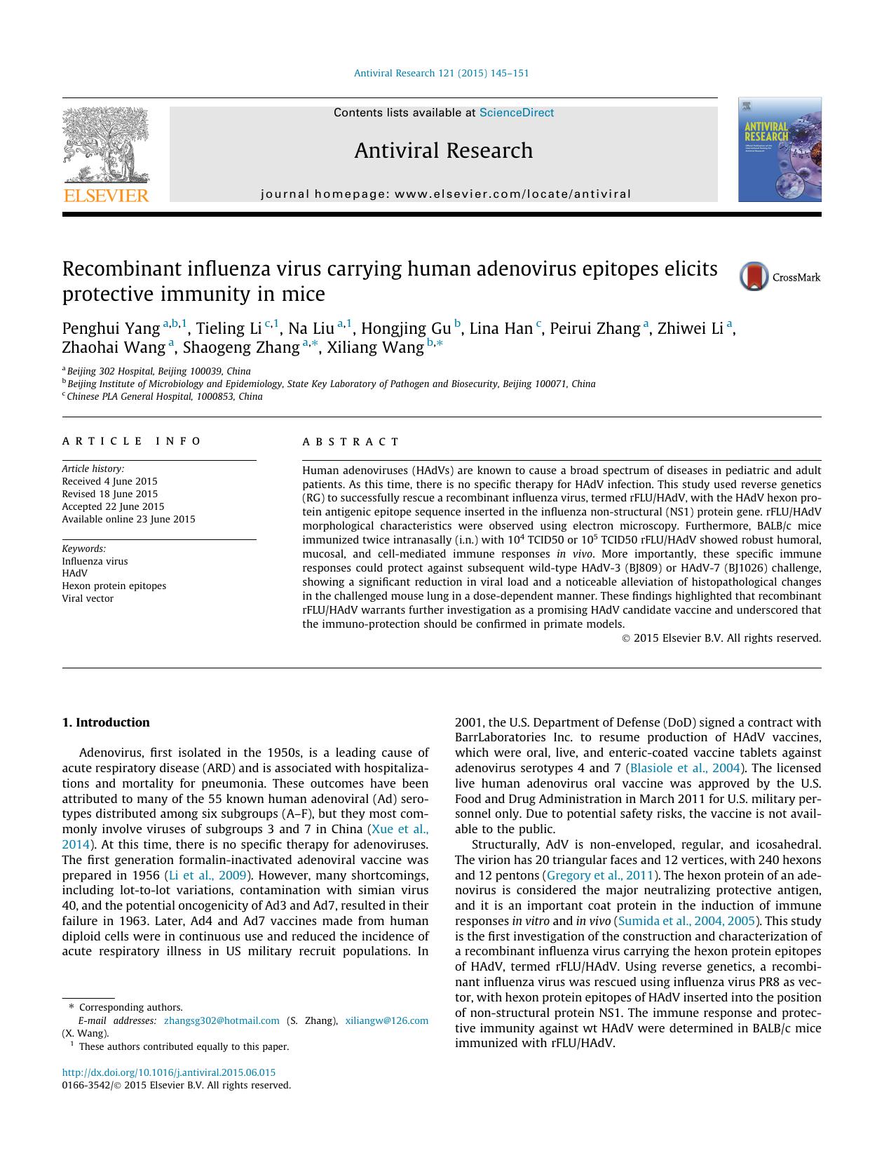 Recombinant influenza virus carrying human adenovirus epitopes elicits protective immunity in mice by unknow